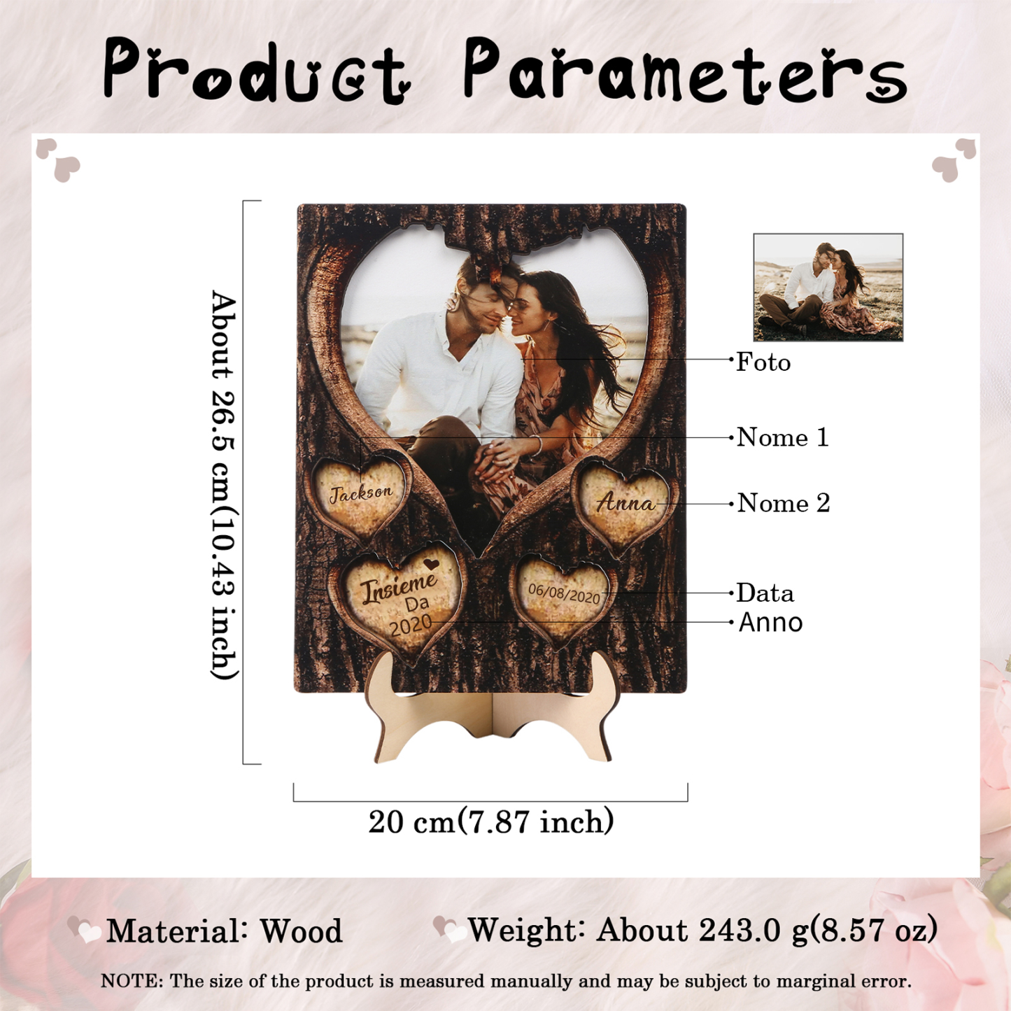 Ornamenti in Legno a Forma di Cuore Personalizzata con Foto, Nomi e Data - Regalo Romantico per San Valentino per Lui o Lei | Jessmade