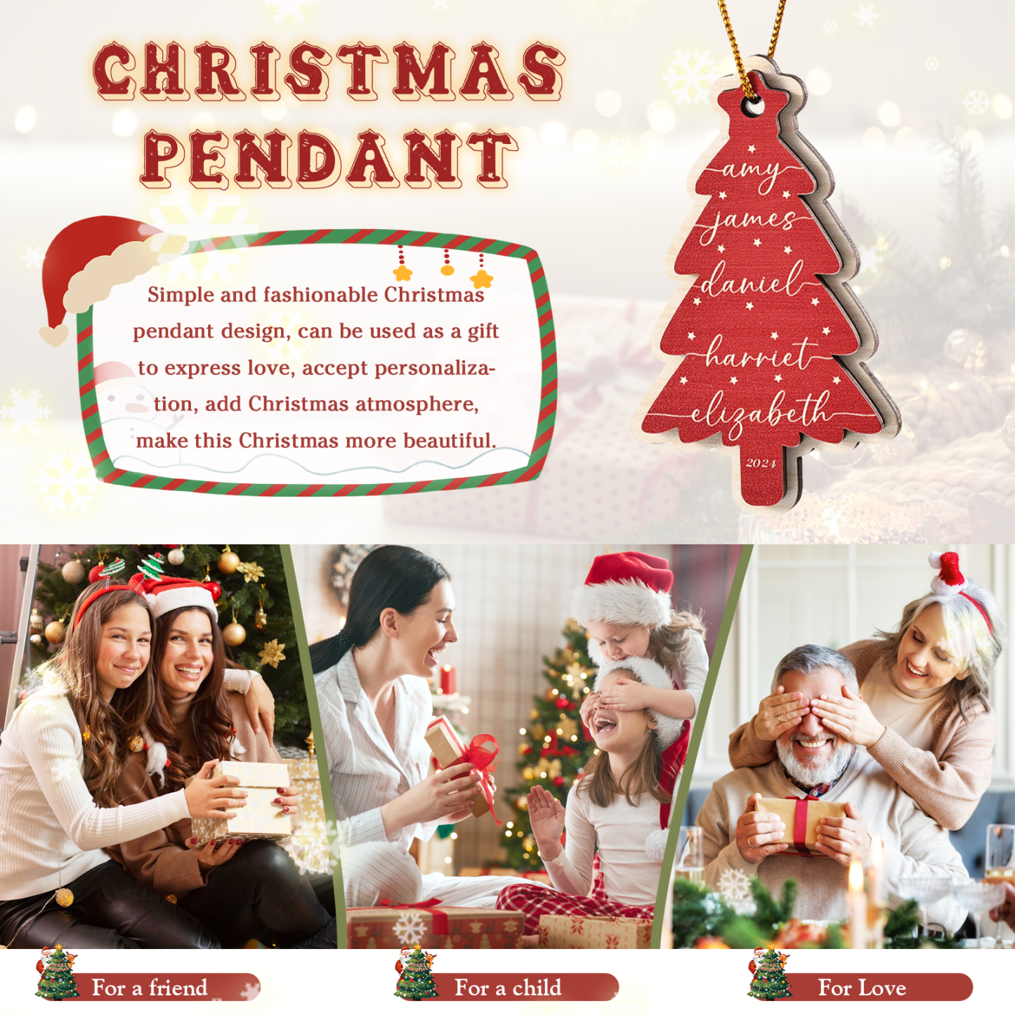 Personalised Family Christmas Ornament -Custom 1-6 Names Red Wooden Tree Gift for Family | Jessemade