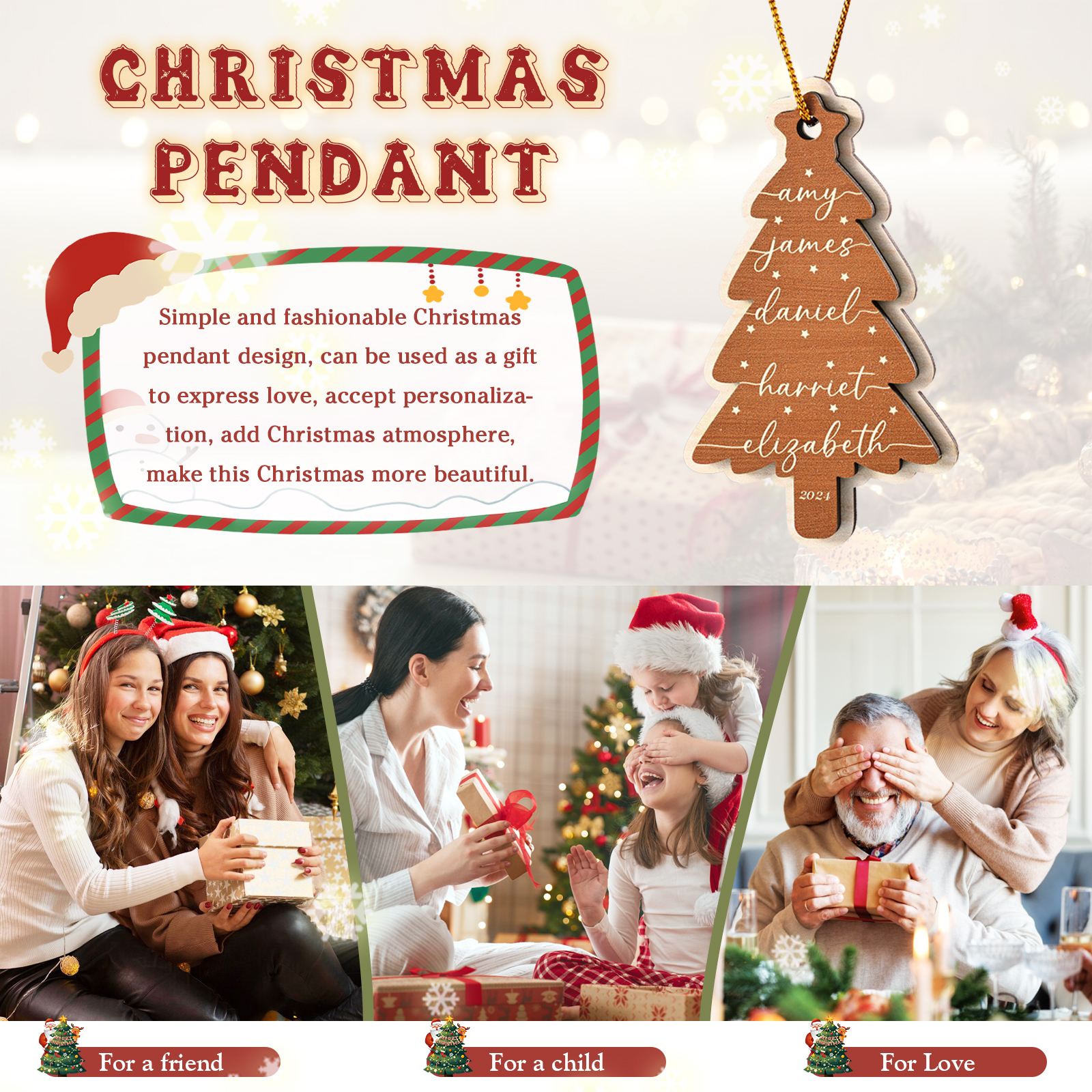 Decorazione Natalizia in Legno Personalizzata con 1-6 Nomi - Regalo di Natale per la Famiglia | Jessemade