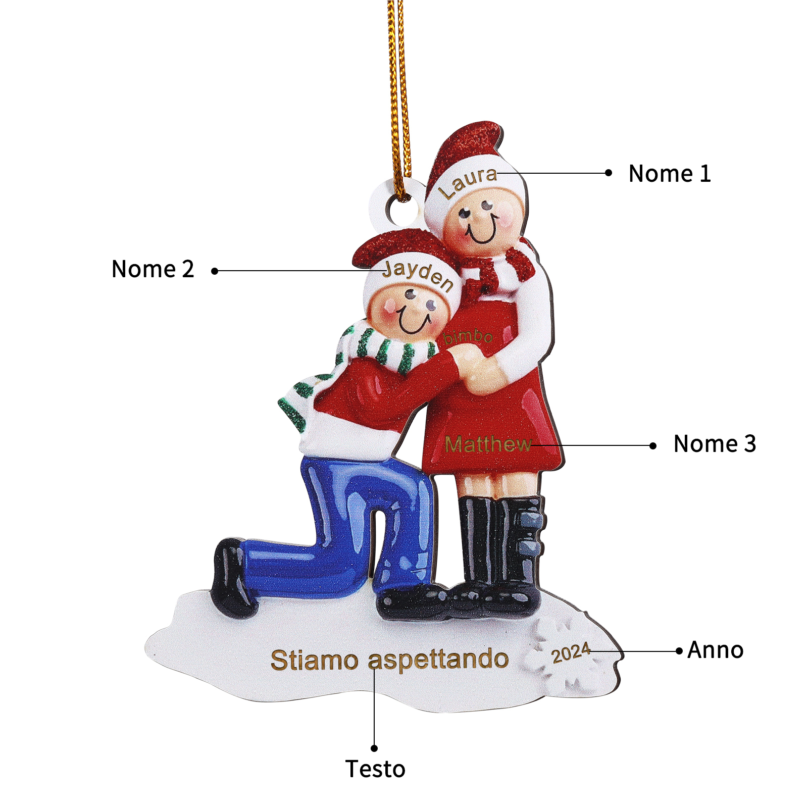 Decorazione Natalizia Personalizzata in Legno - Possibilità di Personalizzare 3 Nomi, 1 Testo e 1 Data, Coppia in Attesa di un Bebè con Design Festivo, Regalo di Natale per Famiglie | Jessemade
