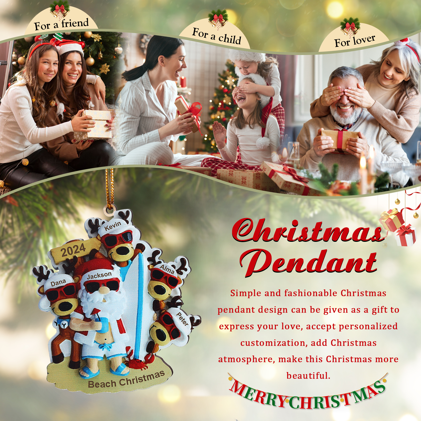 "Sulla spiaggia" Pendente di Natale Personalizzato in legno per la famiglia o gli amici 5 Nomi e 1 Testo personalizzati 
