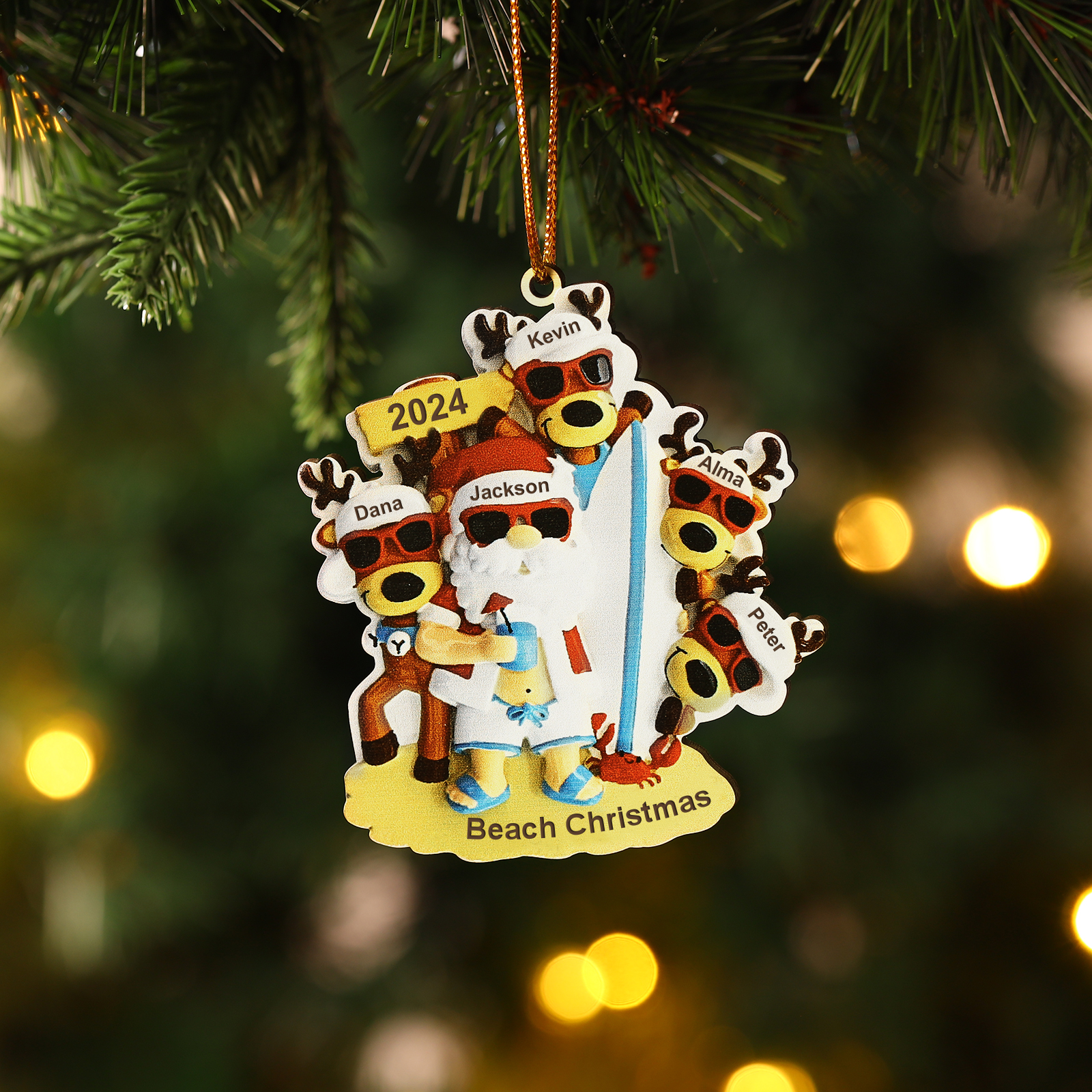 "Sulla spiaggia" Pendente di Natale Personalizzato in legno per la famiglia o gli amici 5 Nomi e 1 Testo personalizzati 