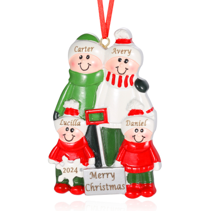 Personalised Family Christmas Ornament – Custom Resin Snow Shoveling Scene with 4 Names & 1 Text Christmas Gift | Jessemade