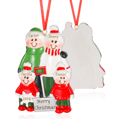 Personalised Family Christmas Ornament – Custom Resin Snow Shoveling Scene with 4 Names & 1 Text Christmas Gift | Jessemade