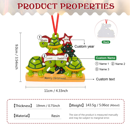 Ornamento Natalizio Personalizzato in Resina con Tartarughe - 3 Nomi, Anno e Testo Regalo di Natale per Famiglia | Jessemade