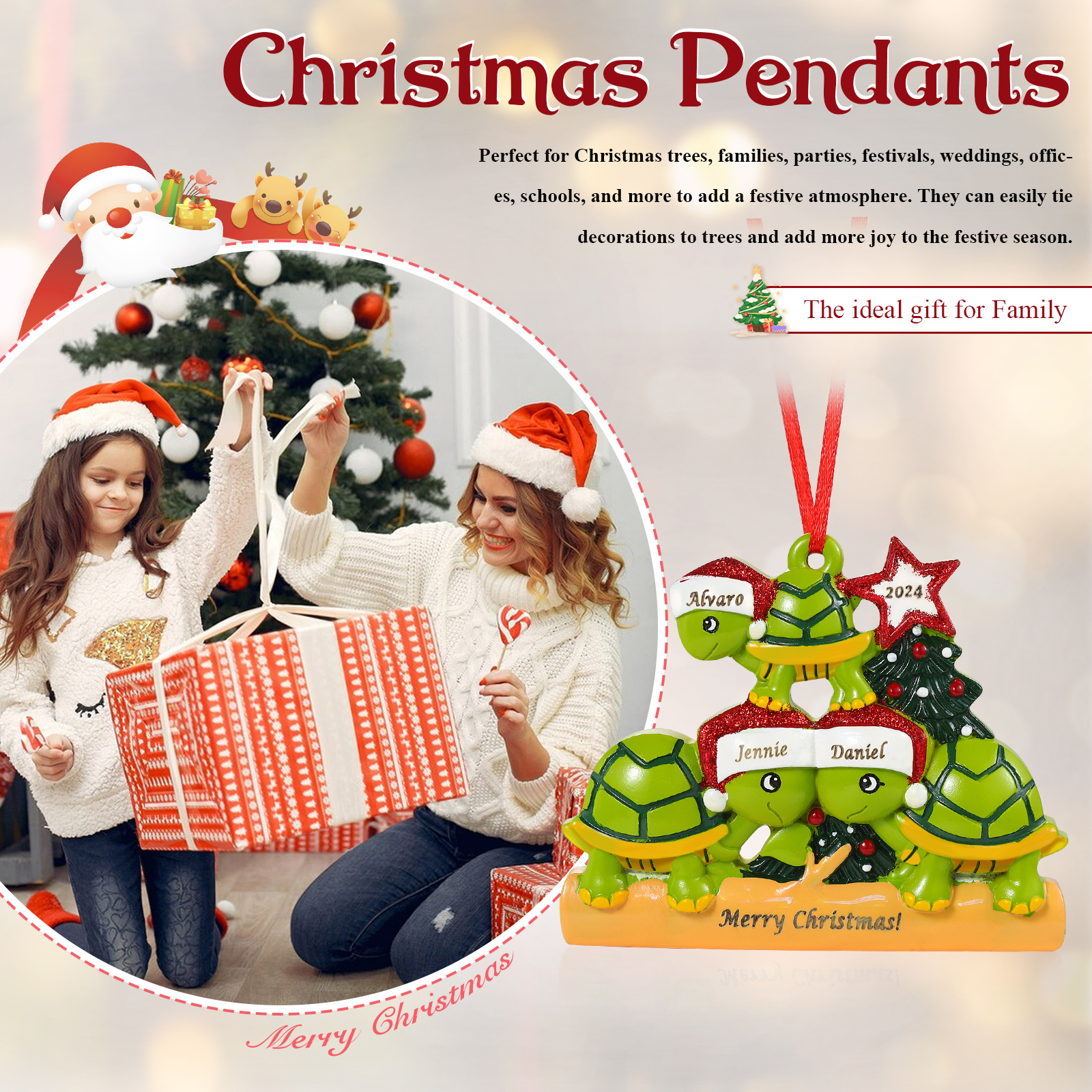 Ornamento Natalizio Personalizzato in Resina con Tartarughe - 3 Nomi, Anno e Testo Regalo di Natale per Famiglia | Jessemade