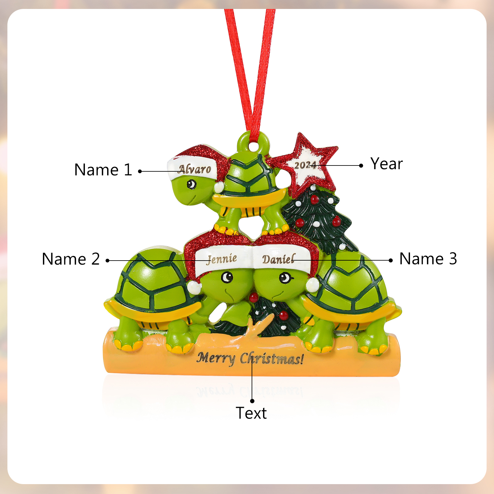 Ornamento Natalizio Personalizzato in Resina con Tartarughe - 3 Nomi, Anno e Testo Regalo di Natale per Famiglia | Jessemade