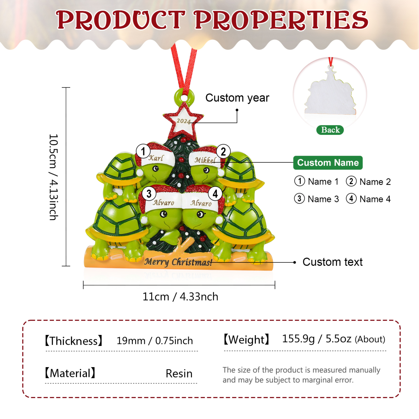 Ornamento Natalizio Personalizzato in Resina con Tartarughe - 4 Nomi, Anno e Testo Regalo di Natale per Famiglia | Jessemade
