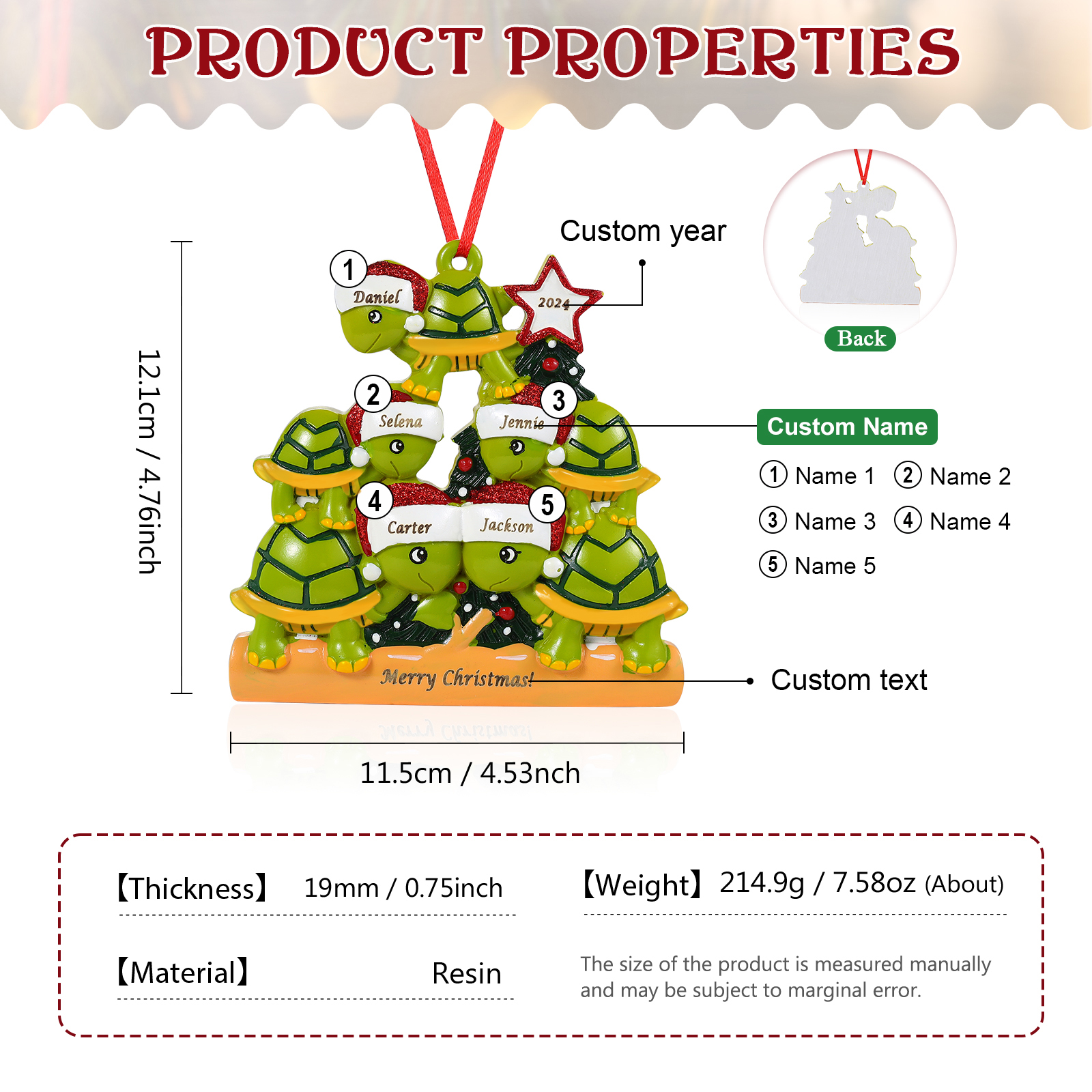 [Copy]Ornamento Natalizio Personalizzato in Resina con Tartarughe - 5 Nomi, Anno e Testo Regalo di Natale per Famiglia | Jessemade