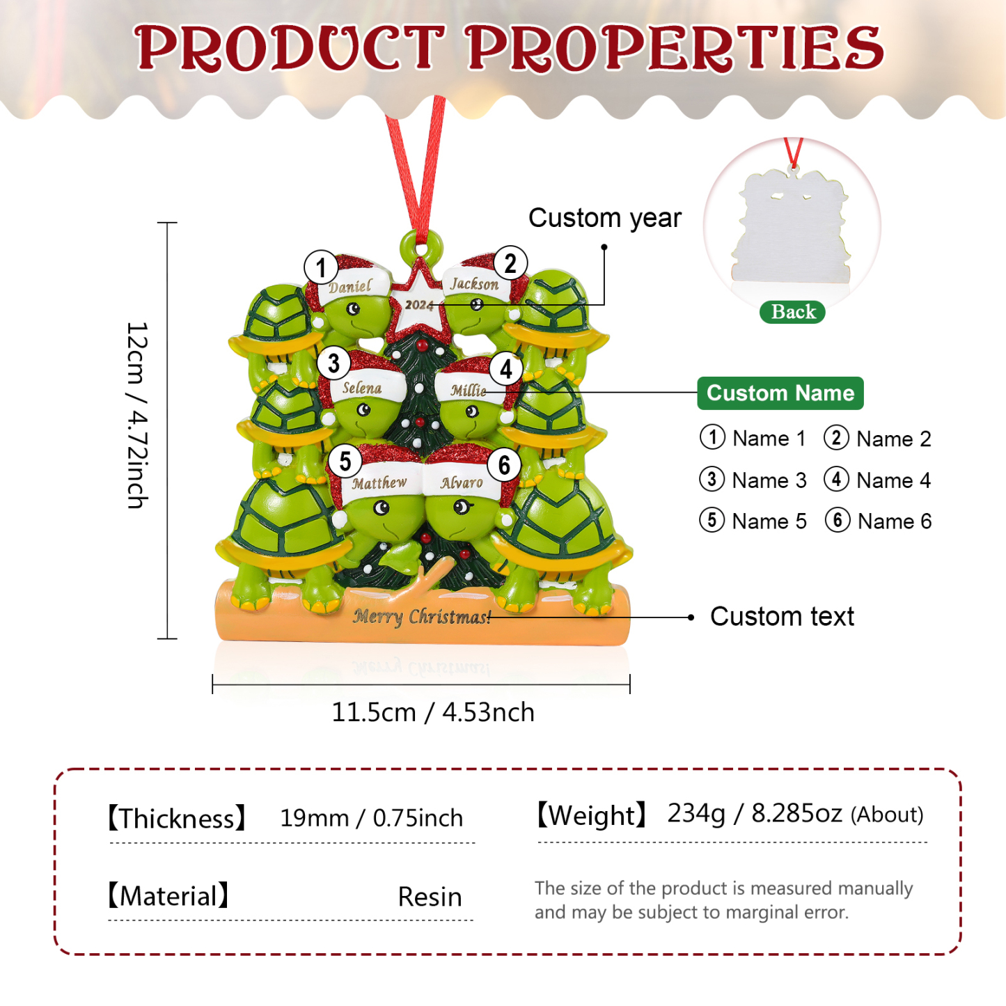 Ornamento Natalizio Personalizzato in Resina con Tartarughe - 6 Nomi, Anno e Testo Regalo di Natale per Famiglia | Jessemade