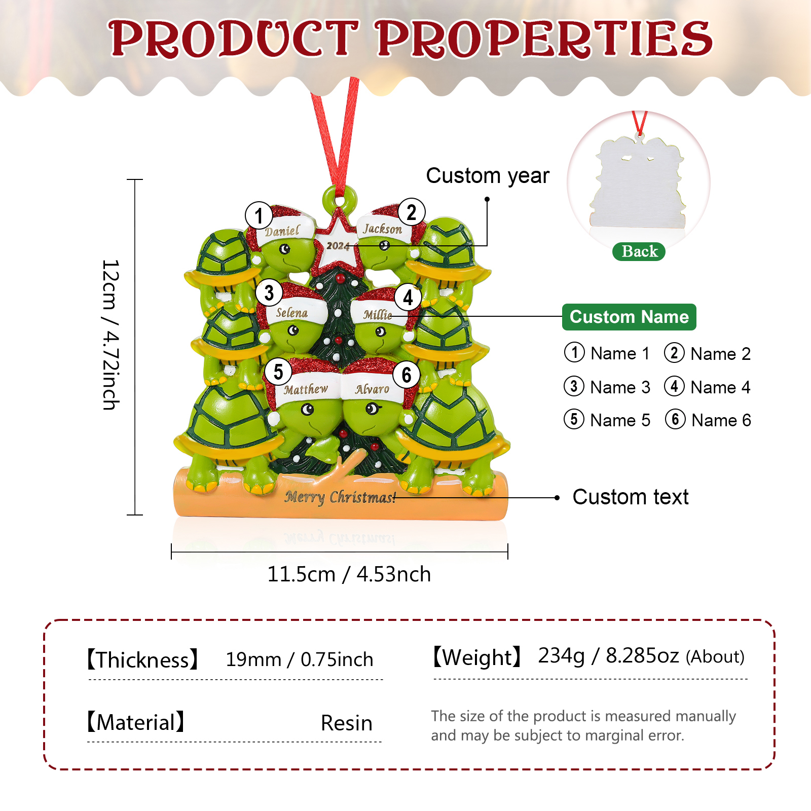 Ornamento Natalizio Personalizzato in Resina con Tartarughe - 6 Nomi, Anno e Testo Regalo di Natale per Famiglia | Jessemade