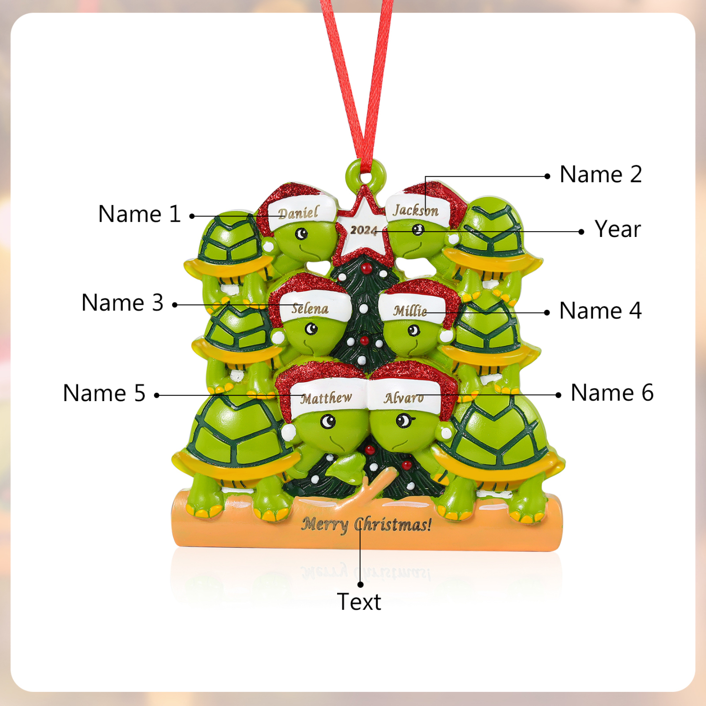 Ornamento Natalizio Personalizzato in Resina con Tartarughe - 6 Nomi, Anno e Testo Regalo di Natale per Famiglia | Jessemade