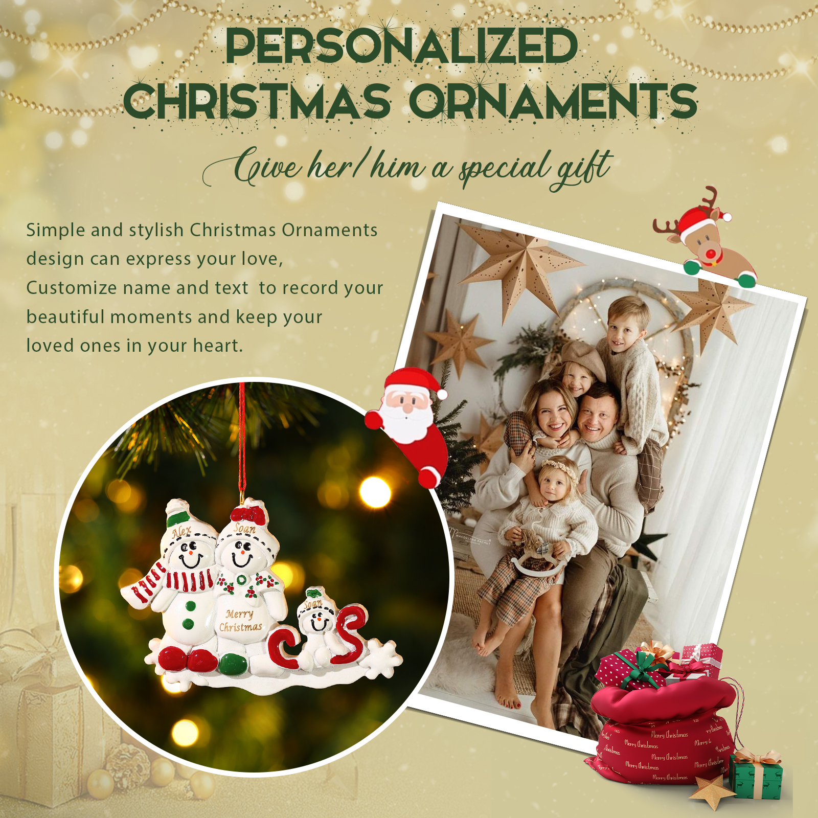 Personalised Resin Snowman Family Christmas Ornament – Custom 3 Names & 1 Text Christmas Gift for Family | Jessemade