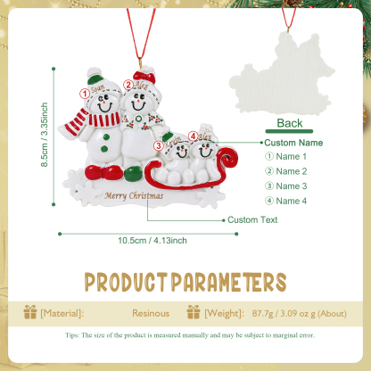 Personalised Resin Snowman Family Christmas Ornament – Custom 4 Names & 1 Text Christmas Gift for Family | Jessemade