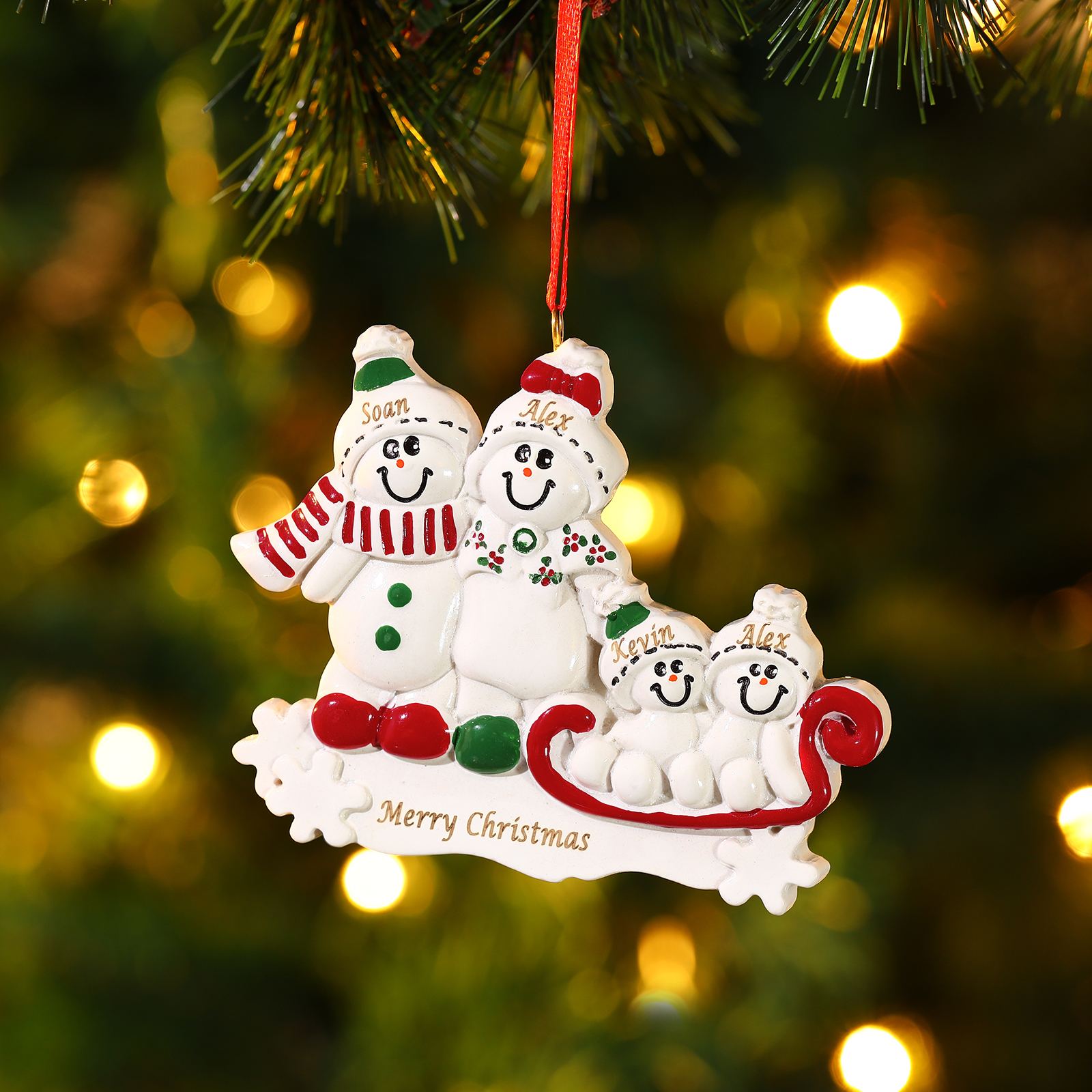Personalised Resin Snowman Family Christmas Ornament – Custom 4 Names & 1 Text Christmas Gift for Family | Jessemade
