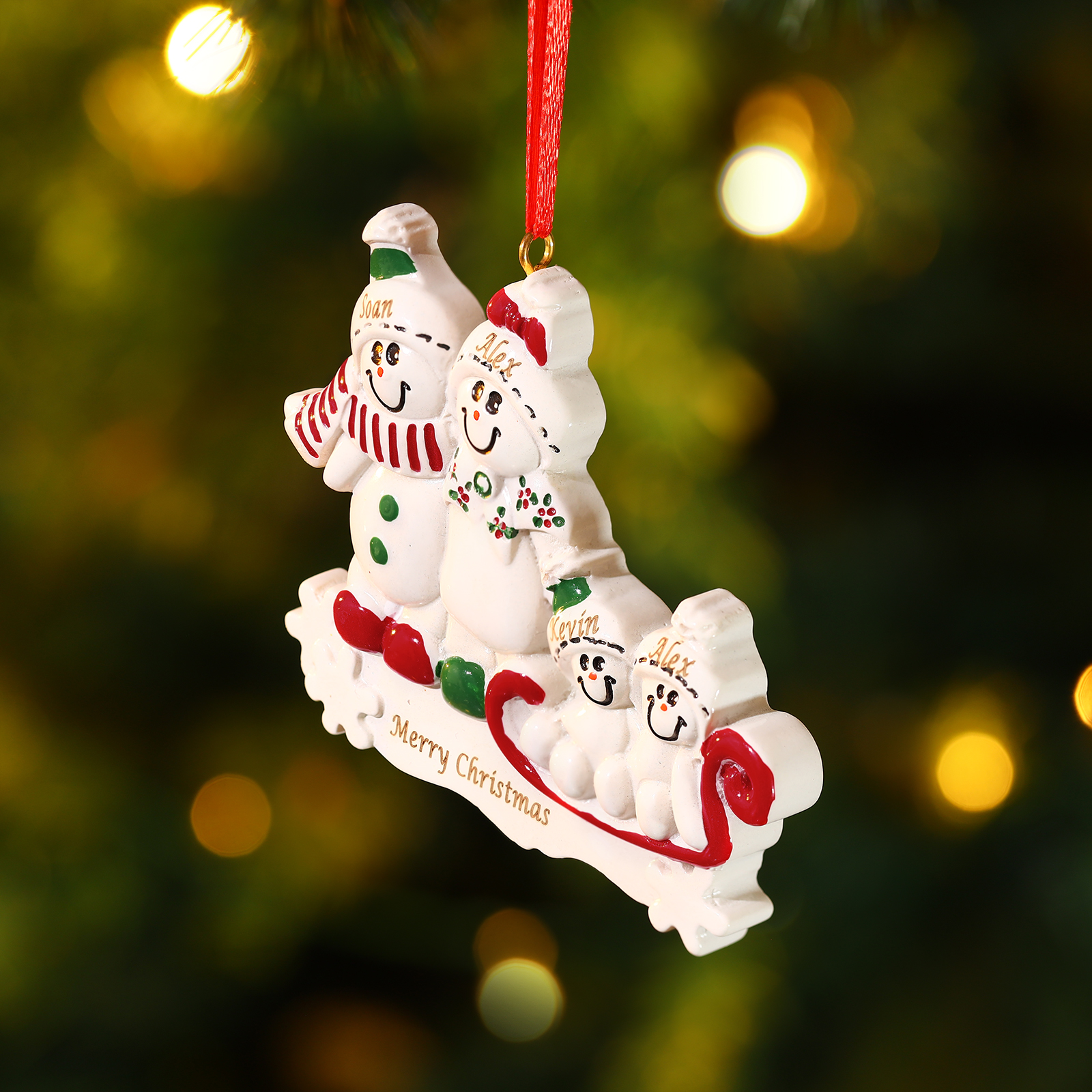 Personalised Resin Snowman Family Christmas Ornament – Custom 4 Names & 1 Text Christmas Gift for Family | Jessemade