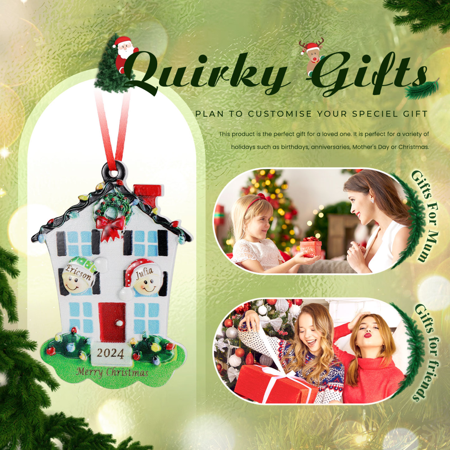 Decorazione Natalizia in Resina Personalizzata - 2 Nomi, 1 Testo & Anno - Casetta di Natale & Personaggi Regalo di Natale per Famiglia | Jessemade