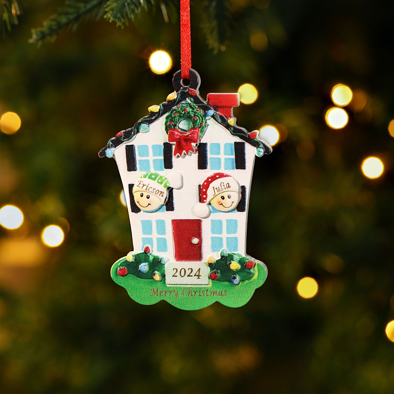 Decorazione Natalizia in Resina Personalizzata - 2 Nomi, 1 Testo & Anno - Casetta di Natale & Personaggi Regalo di Natale per Famiglia | Jessemade