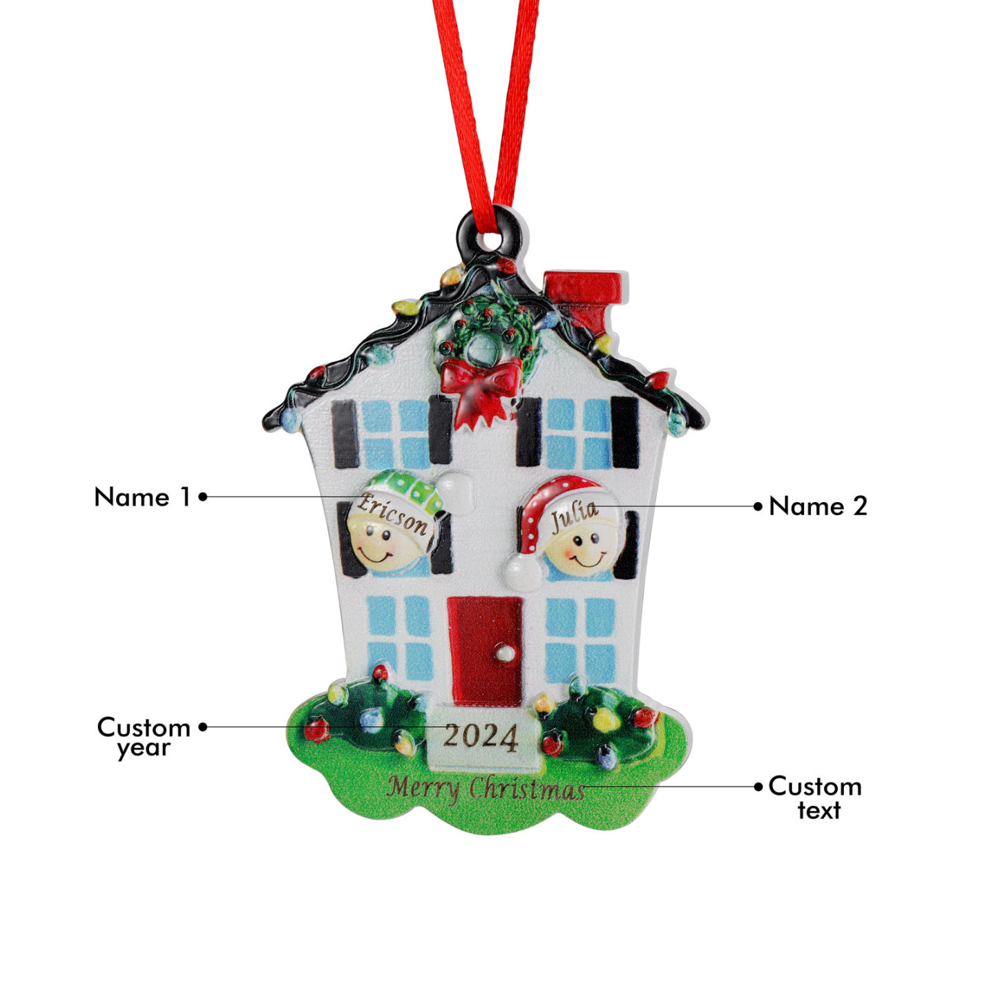 Decorazione Natalizia in Resina Personalizzata - 2 Nomi, 1 Testo & Anno - Casetta di Natale & Personaggi Regalo di Natale per Famiglia | Jessemade