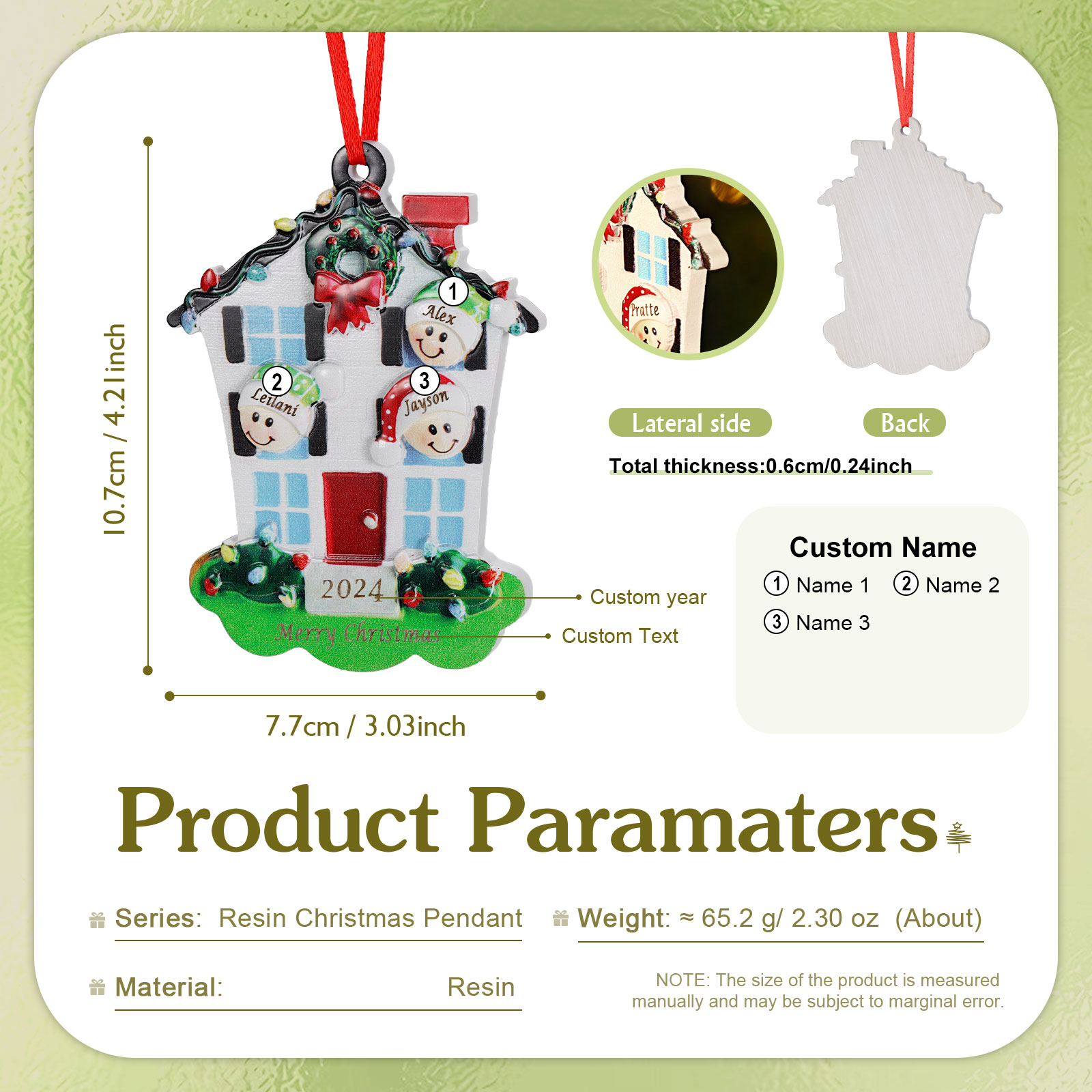 Decorazione Natalizia in Resina Personalizzata - 3 Nomi, 1 Testo & Anno - Casetta di Natale & Personaggi Regalo di Natale per Famiglia | Jessemade