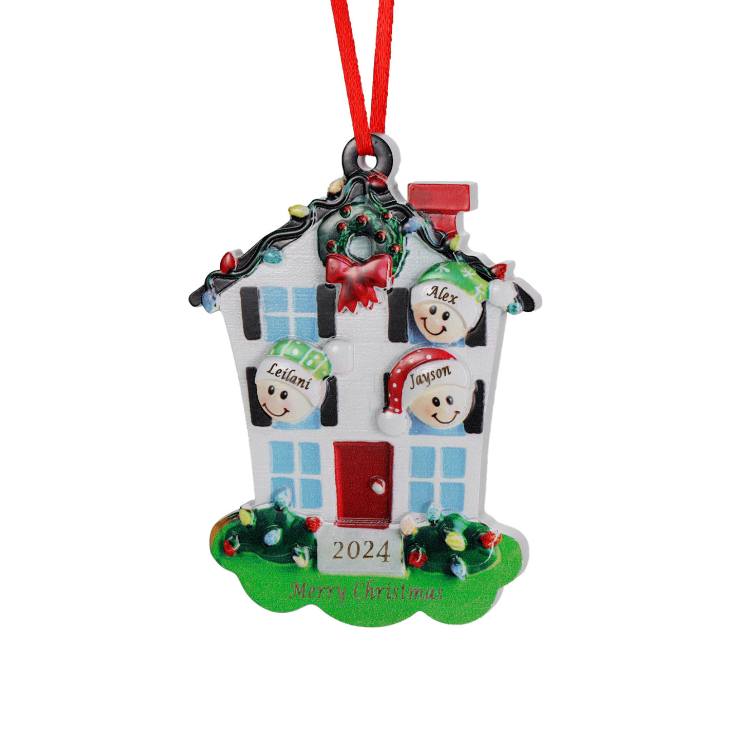 Decorazione Natalizia in Resina Personalizzata - 3 Nomi, 1 Testo & Anno - Casetta di Natale & Personaggi Regalo di Natale per Famiglia | Jessemade