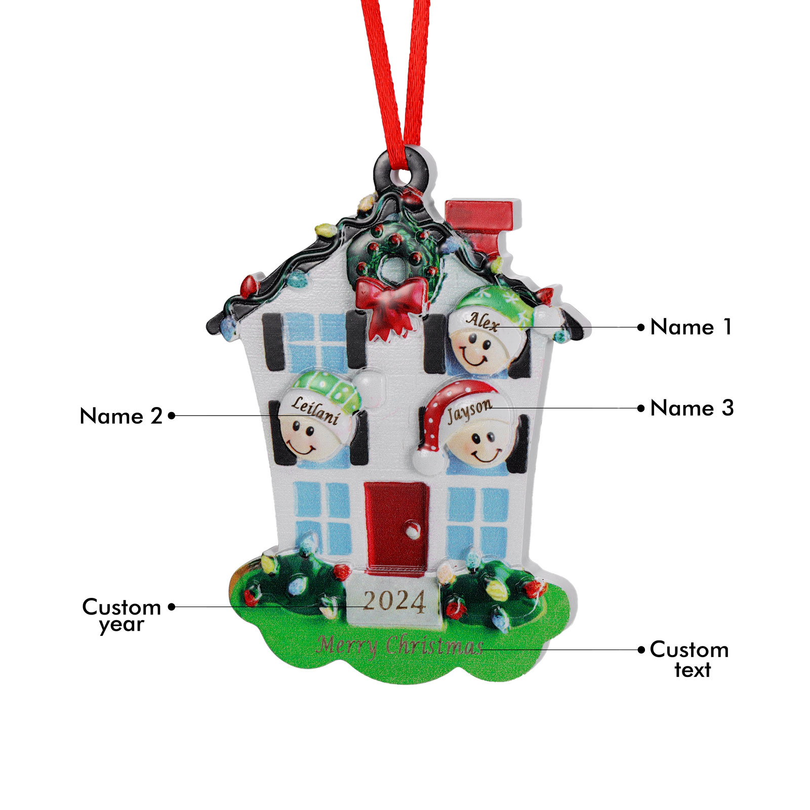 Decorazione Natalizia in Resina Personalizzata - 3 Nomi, 1 Testo & Anno - Casetta di Natale & Personaggi Regalo di Natale per Famiglia | Jessemade
