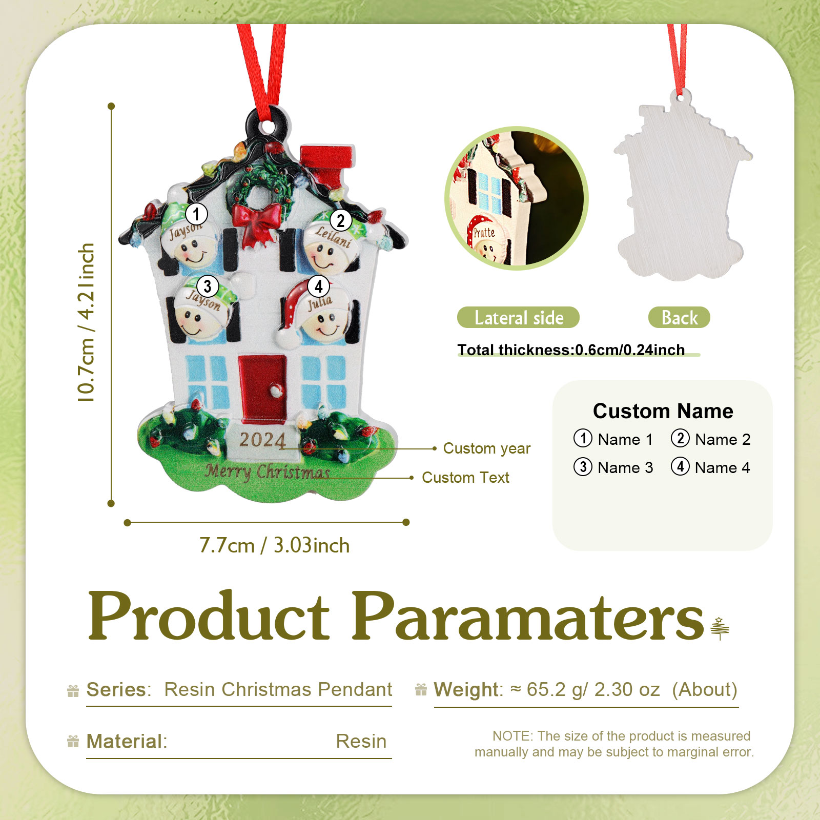 Decorazione Natalizia in Resina Personalizzata - 4 Nomi, 1 Testo & Anno - Casetta di Natale & Personaggi Regalo di Natale per Famiglia | Jessemade