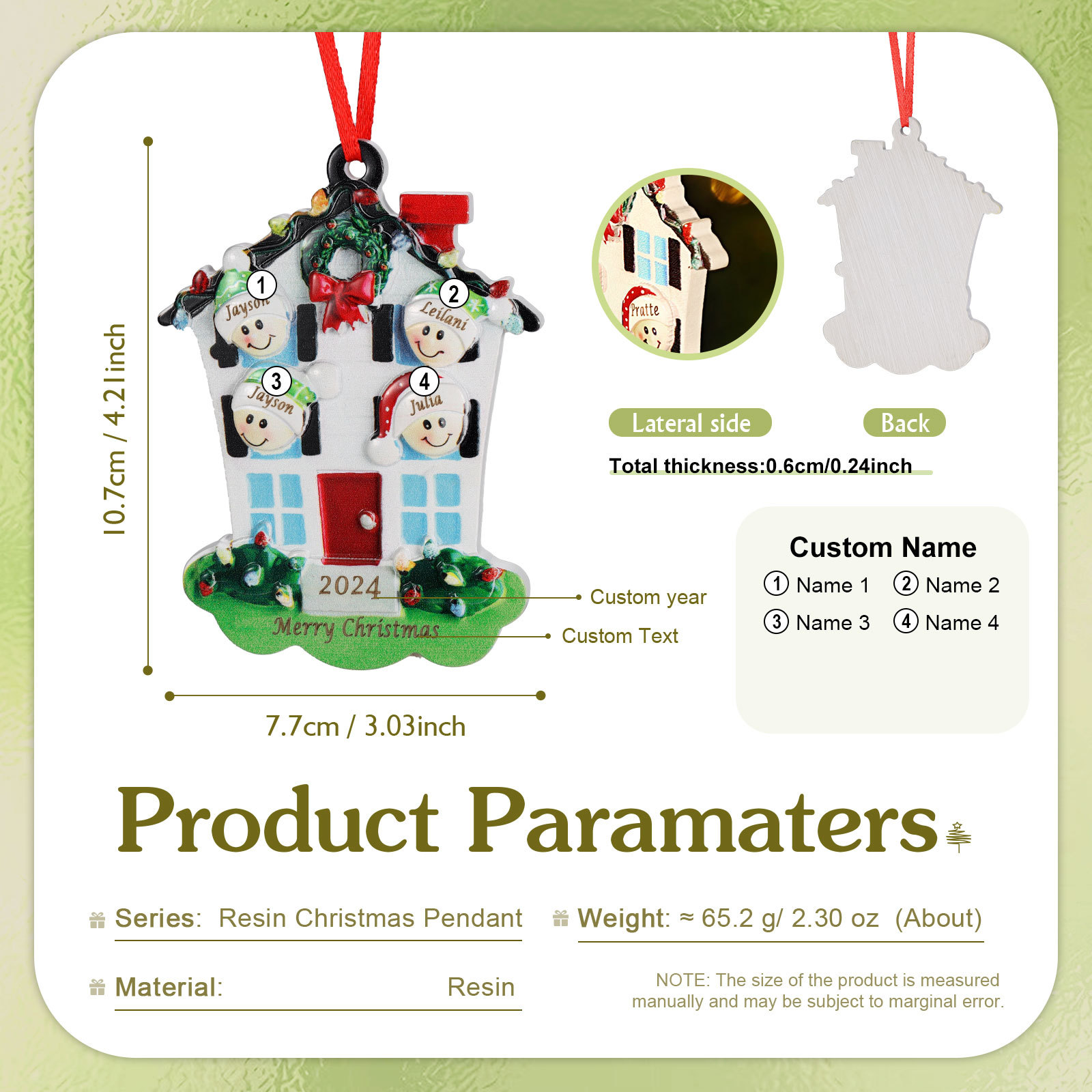 Decorazione Natalizia in Resina Personalizzata - 4 Nomi, 1 Testo & Anno - Casetta di Natale & Personaggi Regalo di Natale per Famiglia | Jessemade