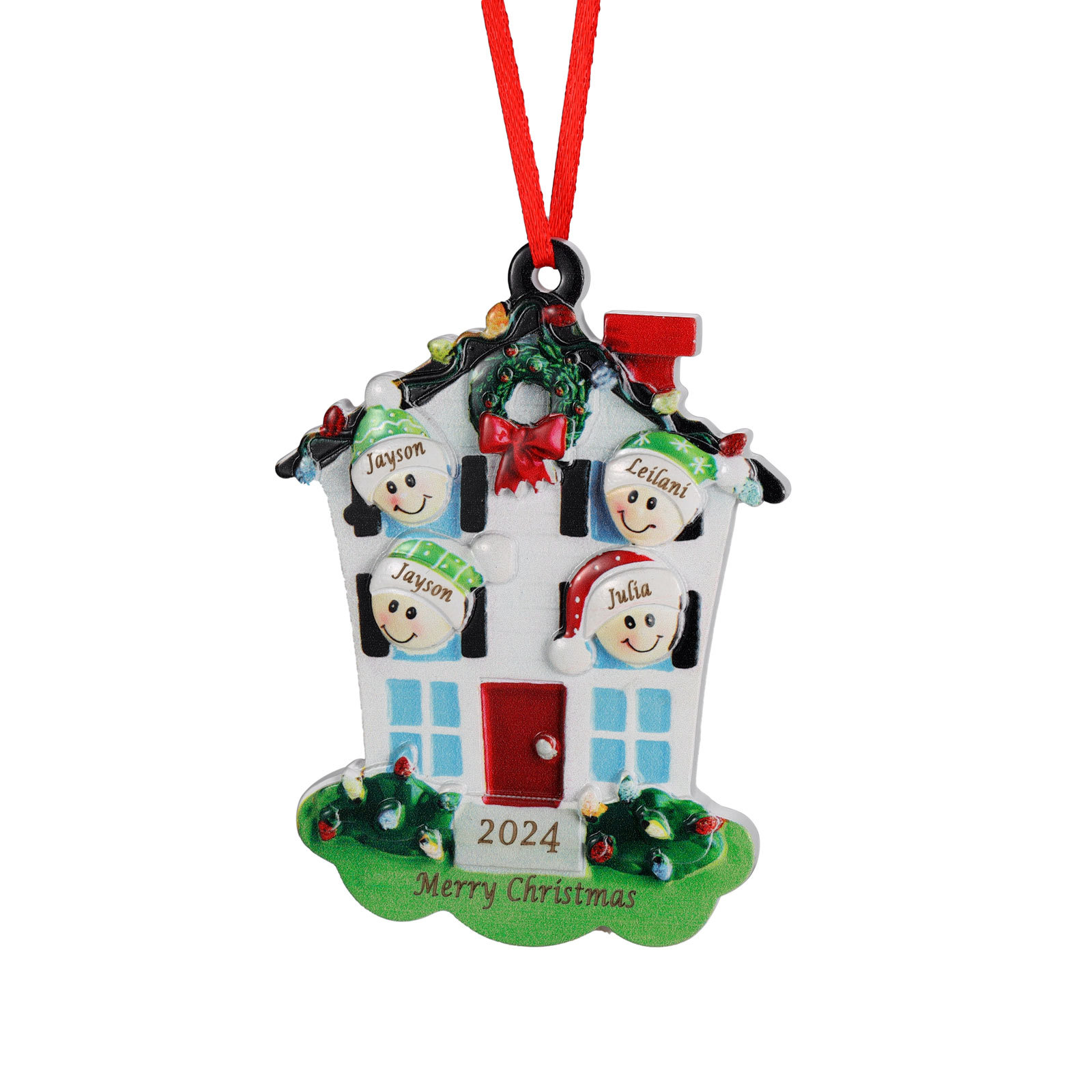 Decorazione Natalizia in Resina Personalizzata - 4 Nomi, 1 Testo & Anno - Casetta di Natale & Personaggi Regalo di Natale per Famiglia | Jessemade