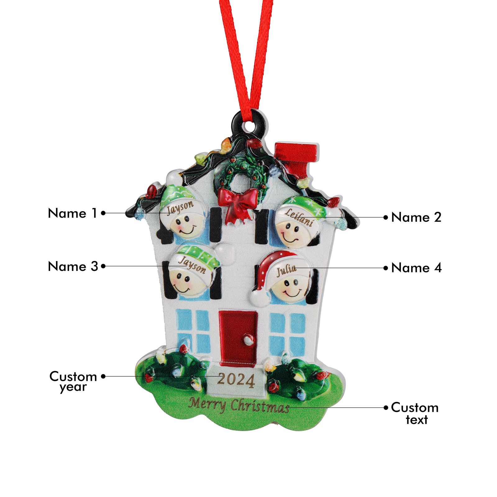 Decorazione Natalizia in Resina Personalizzata - 4 Nomi, 1 Testo & Anno - Casetta di Natale & Personaggi Regalo di Natale per Famiglia | Jessemade