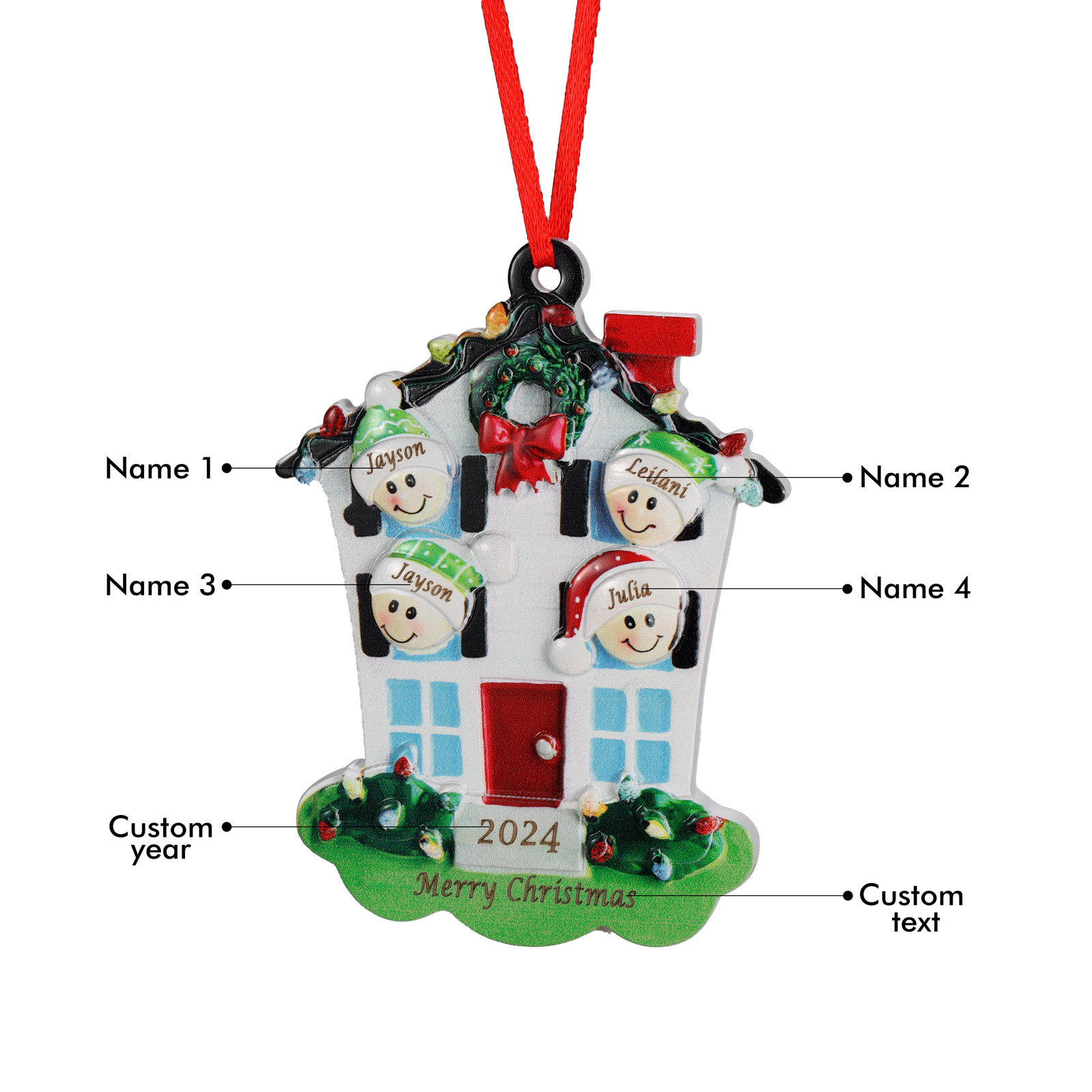Decorazione Natalizia in Resina Personalizzata - 4 Nomi, 1 Testo & Anno - Casetta di Natale & Personaggi Regalo di Natale per Famiglia | Jessemade