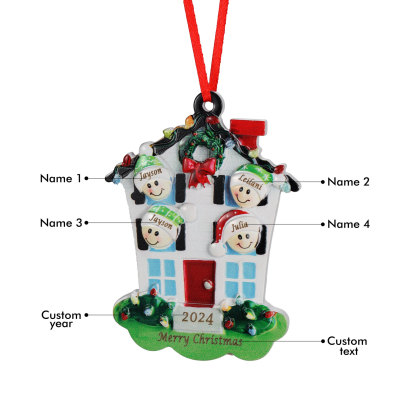 Decorazione Natalizia in Resina Personalizzata - 4 Nomi, 1 Testo & Anno - Casetta di Natale & Personaggi Regalo di Natale per Famiglia | Jessemade