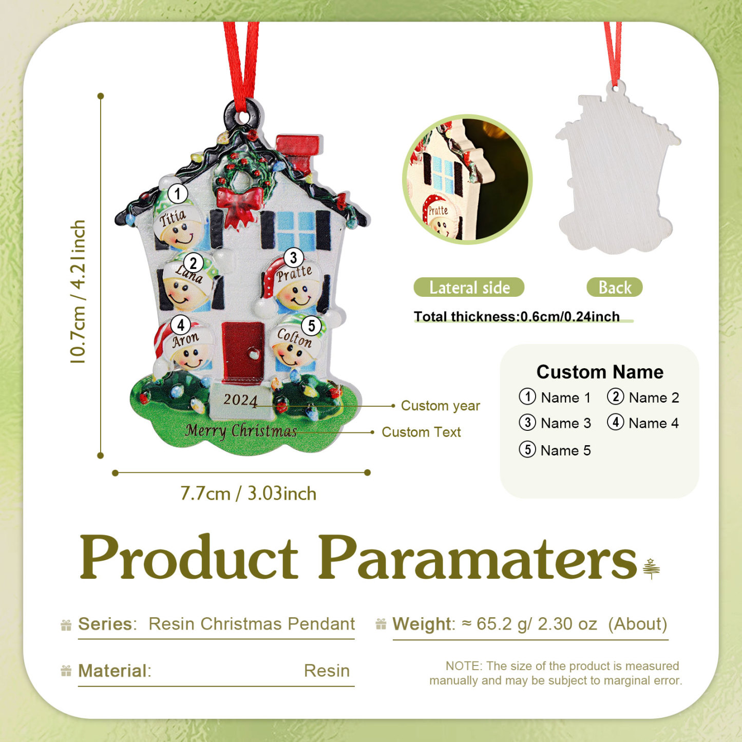 Decorazione Natalizia in Resina Personalizzata - 5 Nomi, 1 Testo & Anno - Casetta di Natale & Personaggi Regalo di Natale per Famiglia | Jessemade