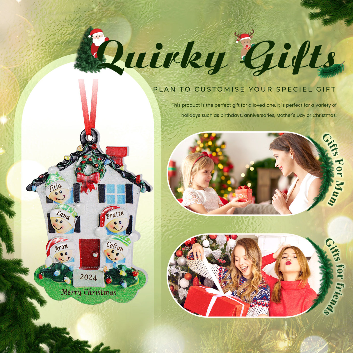 Decorazione Natalizia in Resina Personalizzata - 5 Nomi, 1 Testo & Anno - Casetta di Natale & Personaggi Regalo di Natale per Famiglia | Jessemade