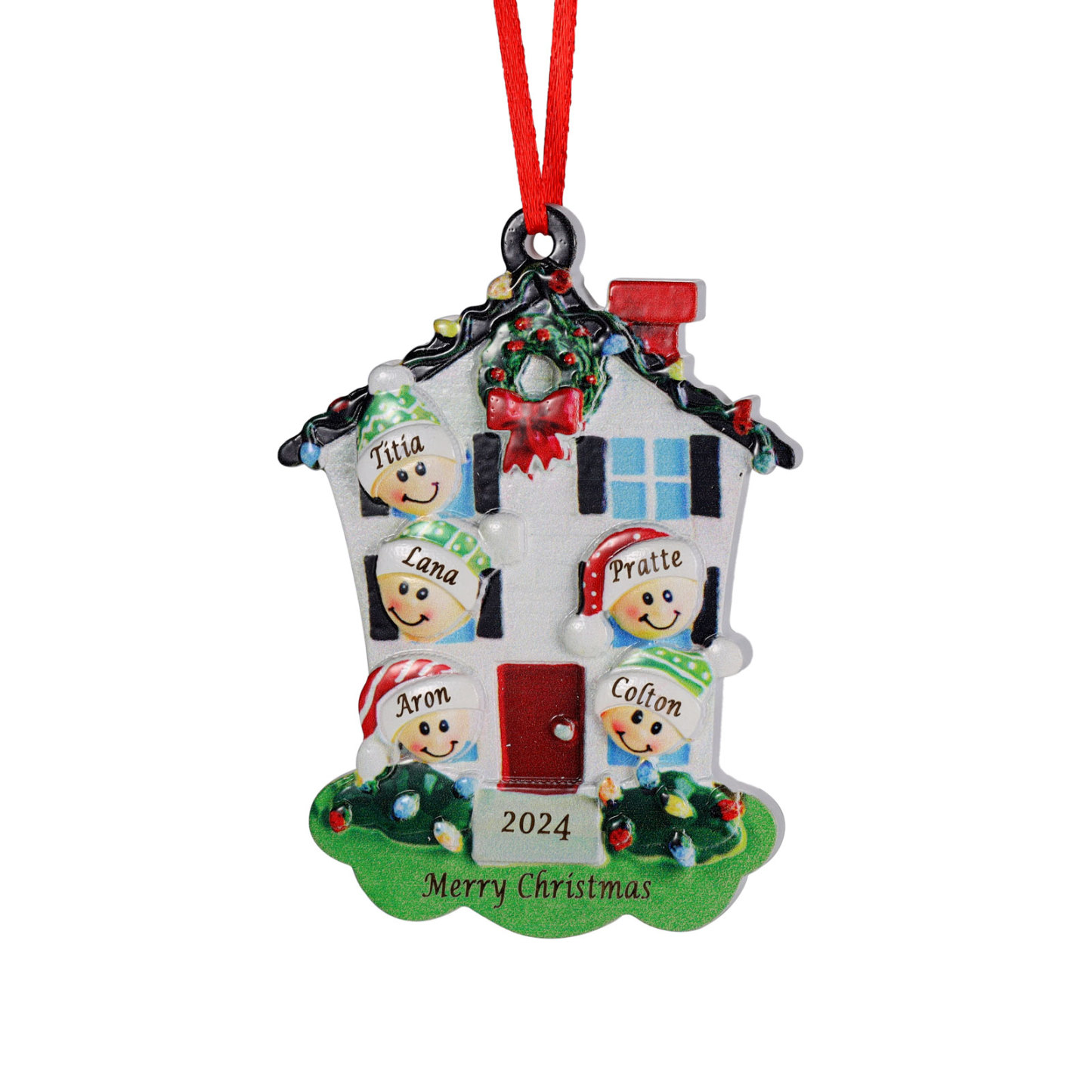 Decorazione Natalizia in Resina Personalizzata - 5 Nomi, 1 Testo & Anno - Casetta di Natale & Personaggi Regalo di Natale per Famiglia | Jessemade