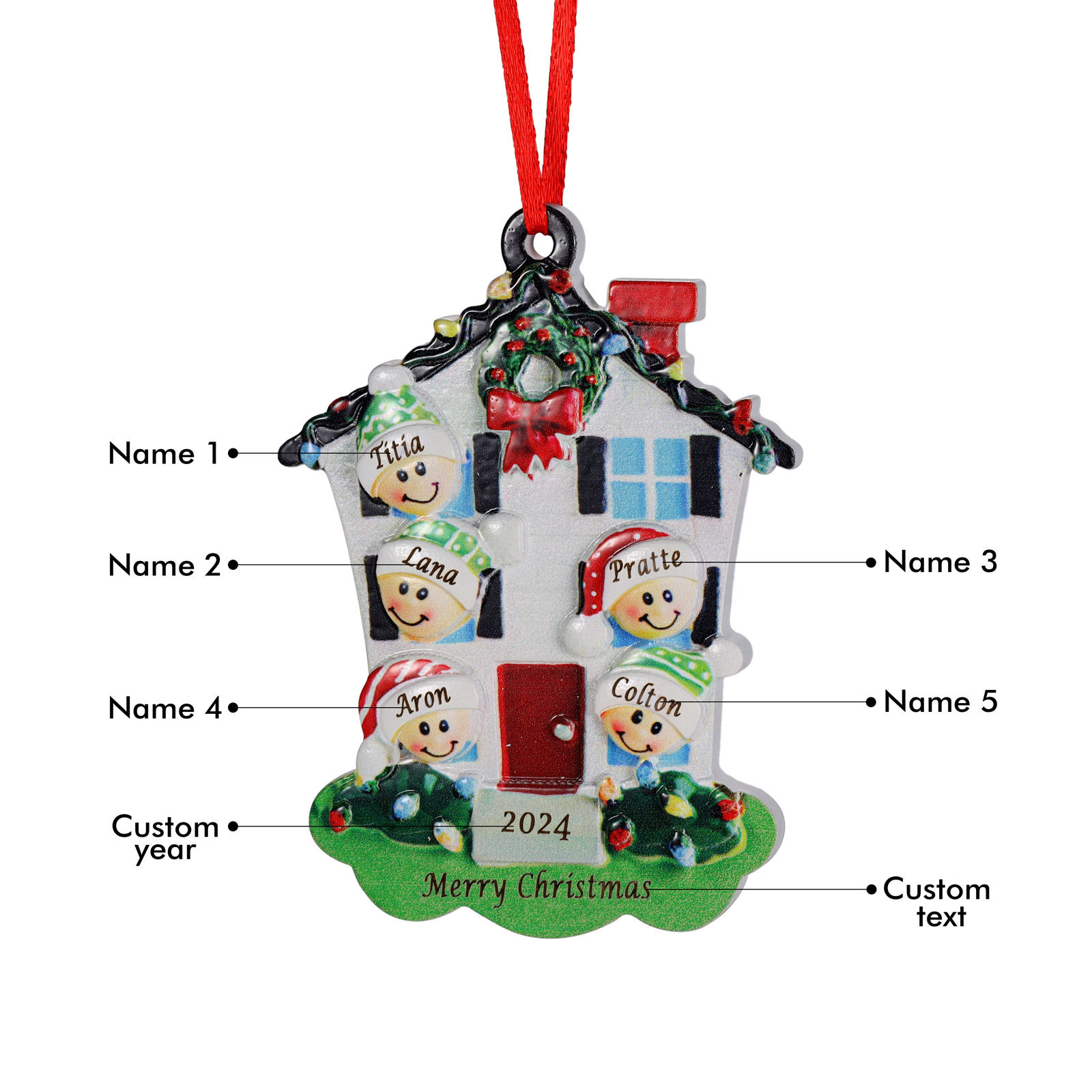 Decorazione Natalizia in Resina Personalizzata - 5 Nomi, 1 Testo & Anno - Casetta di Natale & Personaggi Regalo di Natale per Famiglia | Jessemade