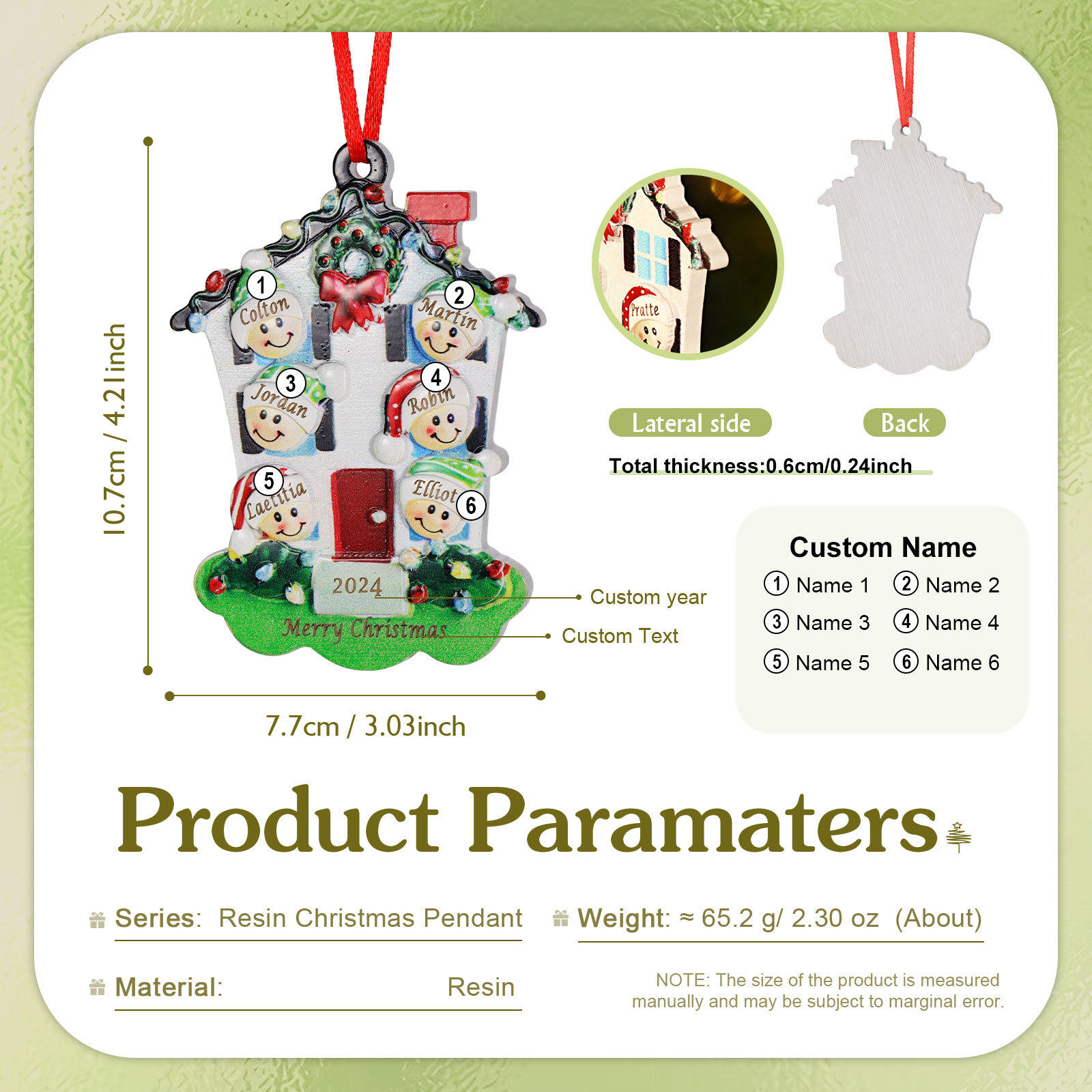 Decorazione Natalizia in Resina Personalizzata - 6 Nomi, 1 Testo & Anno - Casetta di Natale & Personaggi Regalo di Natale per Famiglia | Jessemade