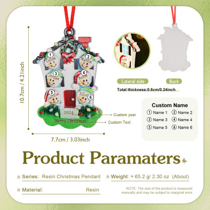 Decorazione Natalizia in Resina Personalizzata - 6 Nomi, 1 Testo & Anno - Casetta di Natale & Personaggi Regalo di Natale per Famiglia | Jessemade