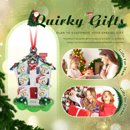 Decorazione Natalizia in Resina Personalizzata - 6 Nomi, 1 Testo & Anno - Casetta di Natale & Personaggi Regalo di Natale per Famiglia | Jessemade