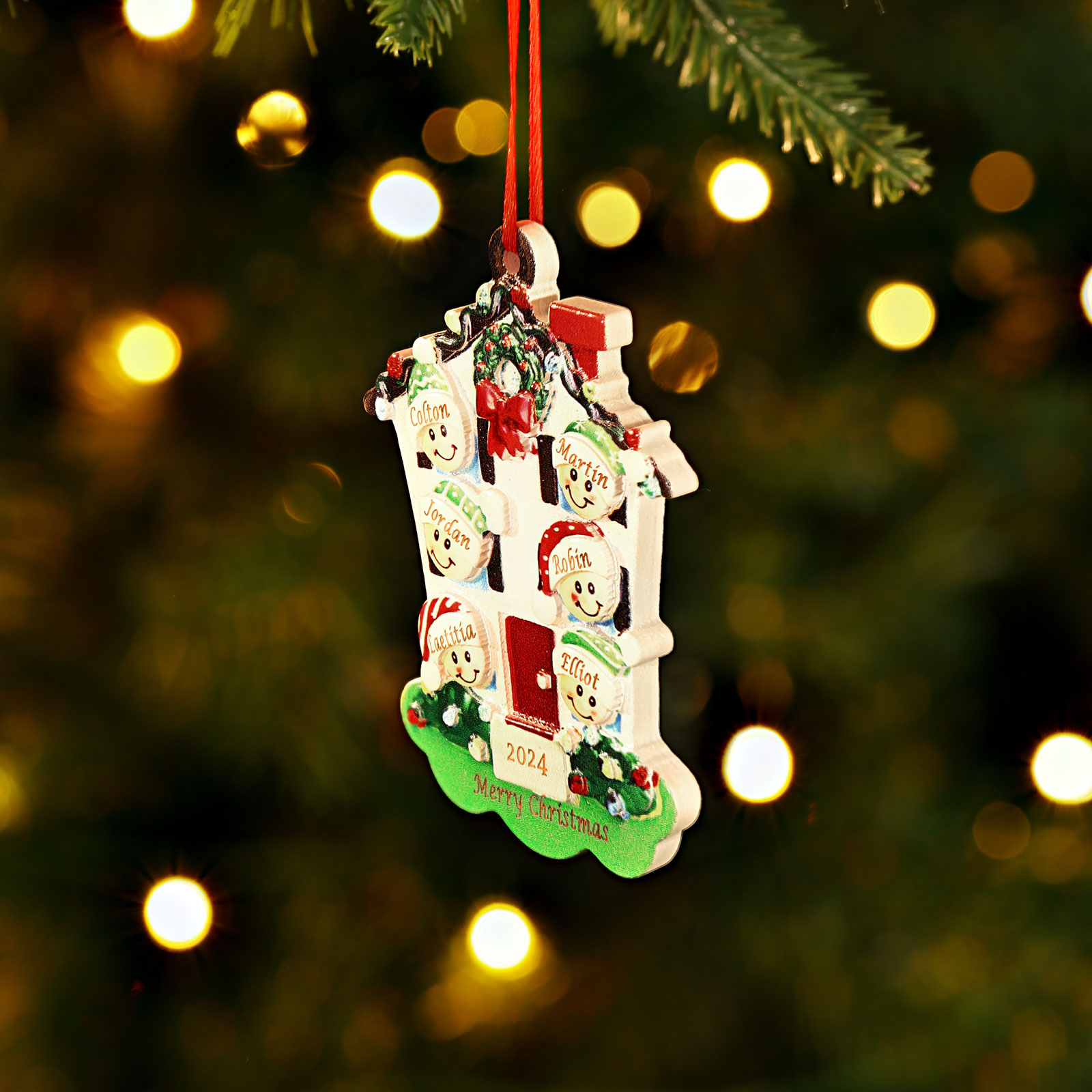 Decorazione Natalizia in Resina Personalizzata - 6 Nomi, 1 Testo & Anno - Casetta di Natale & Personaggi Regalo di Natale per Famiglia | Jessemade