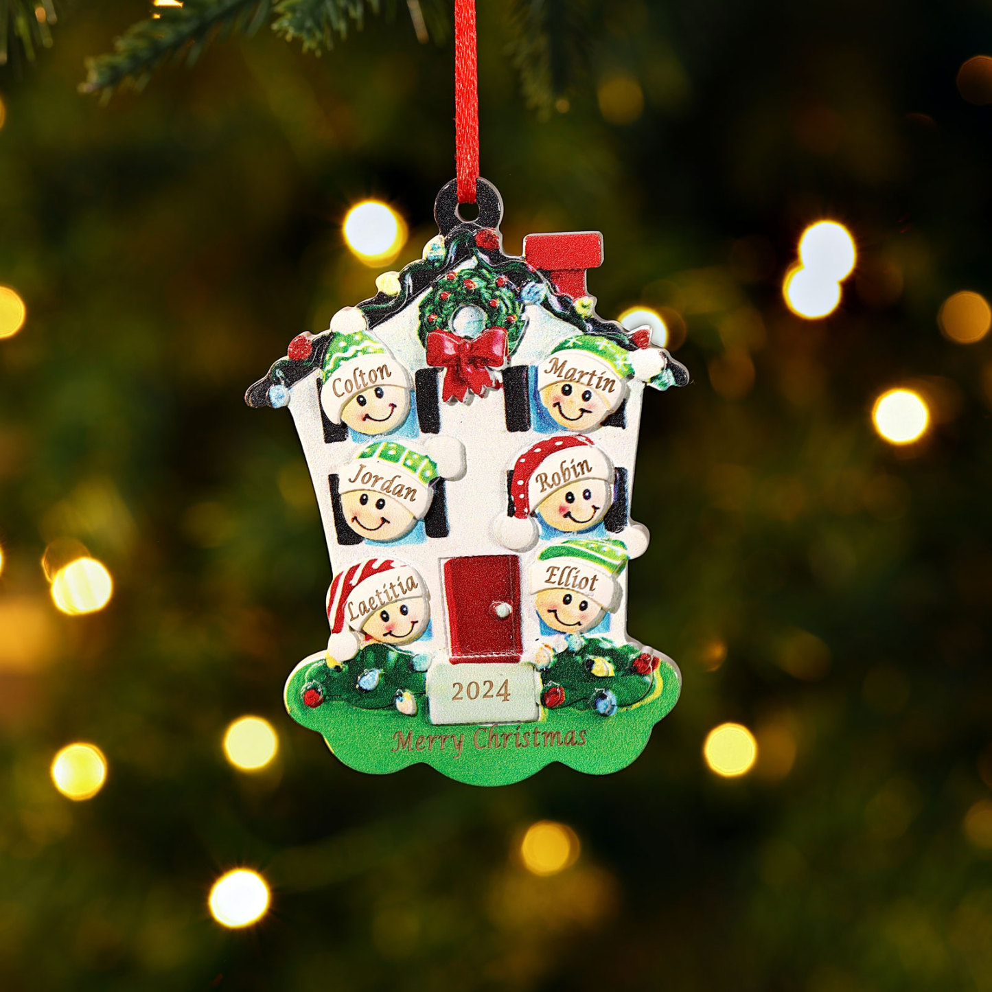 Decorazione Natalizia in Resina Personalizzata - 6 Nomi, 1 Testo & Anno - Casetta di Natale & Personaggi Regalo di Natale per Famiglia | Jessemade