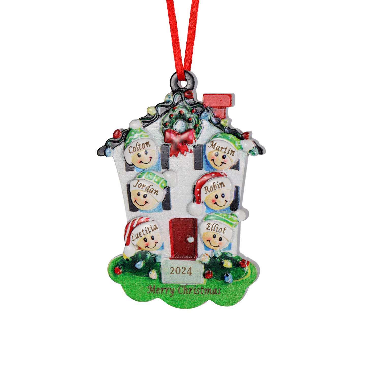 Decorazione Natalizia in Resina Personalizzata - 6 Nomi, 1 Testo & Anno - Casetta di Natale & Personaggi Regalo di Natale per Famiglia | Jessemade