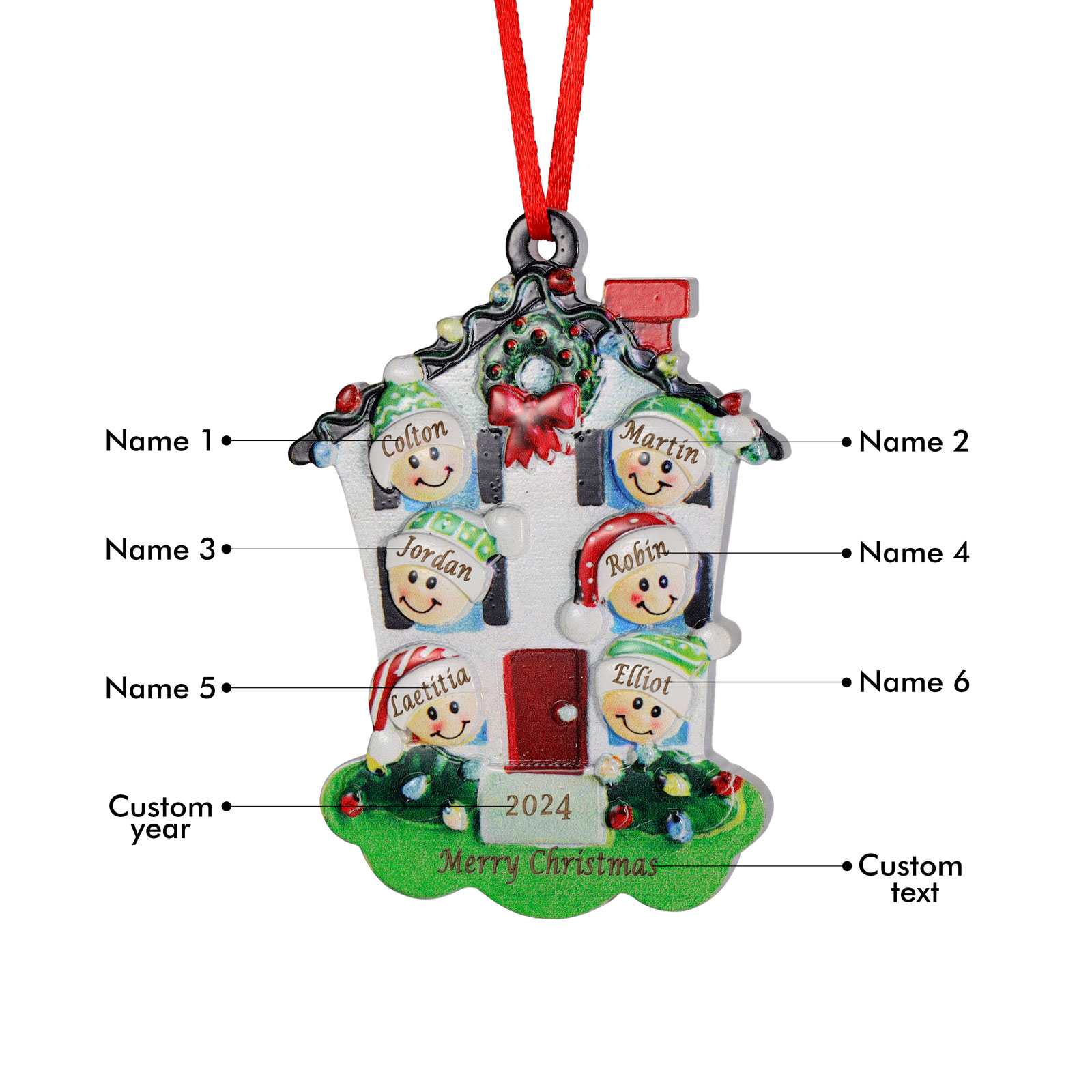Decorazione Natalizia in Resina Personalizzata - 6 Nomi, 1 Testo & Anno - Casetta di Natale & Personaggi Regalo di Natale per Famiglia | Jessemade