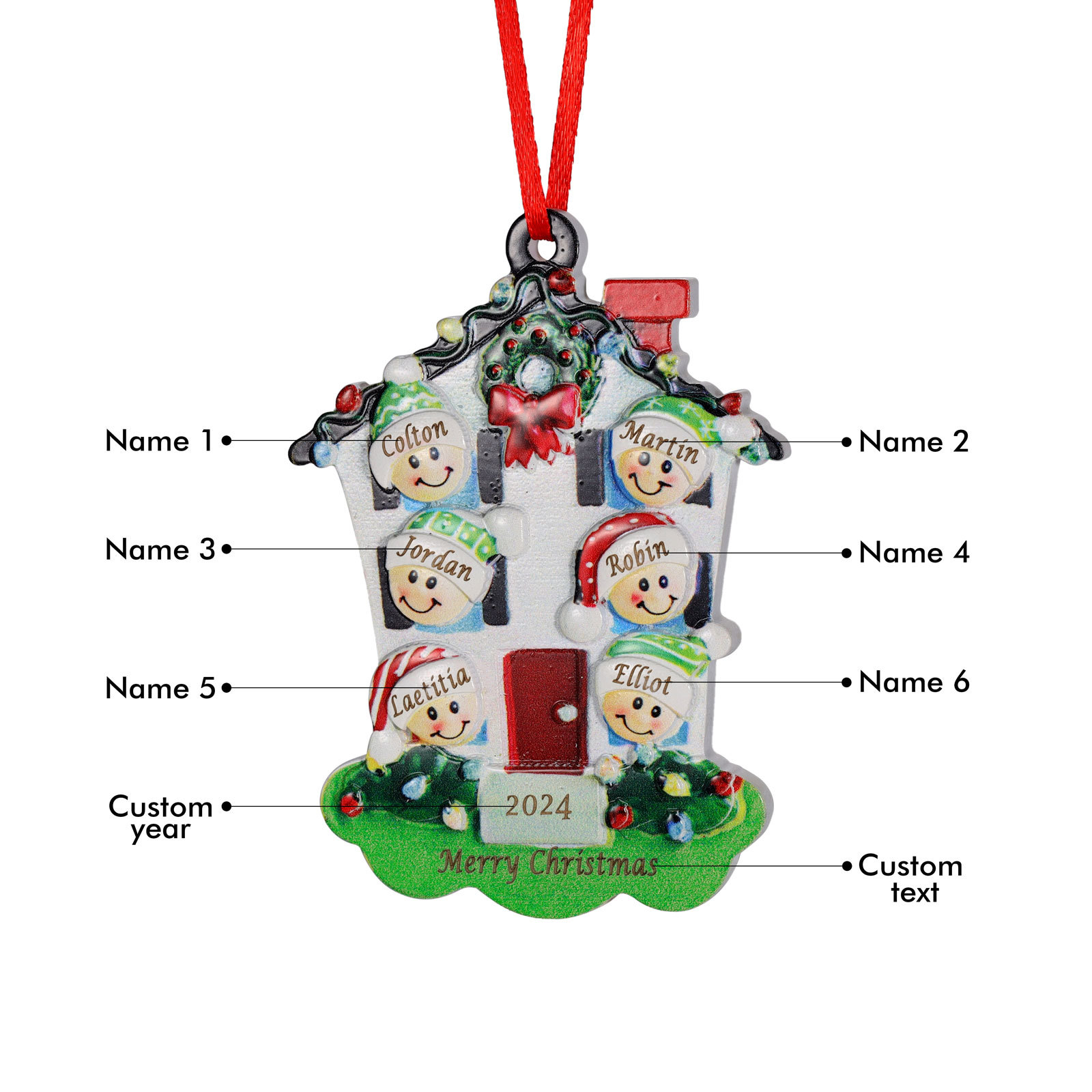Decorazione Natalizia in Resina Personalizzata - 6 Nomi, 1 Testo & Anno - Casetta di Natale & Personaggi Regalo di Natale per Famiglia | Jessemade