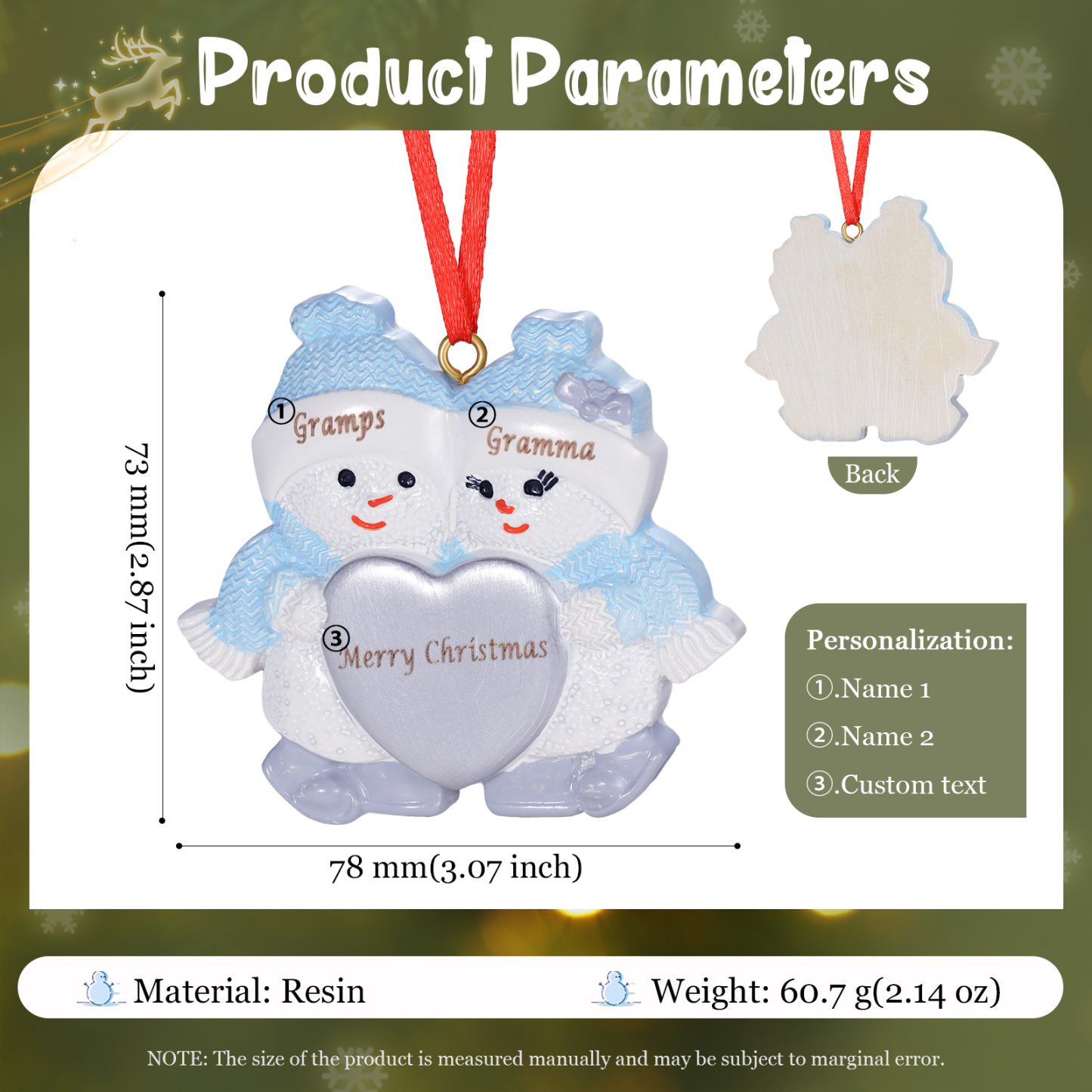 Decorazione Natalizia Personalizzato in Resina a Forma di Pupazzo di Neve - 2 Nomi e 1 Testo Personalizzati, Regalo di Natale per Famiglia | Jessemade