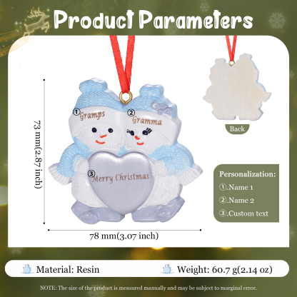 Decorazione Natalizia Personalizzato in Resina a Forma di Pupazzo di Neve - 2 Nomi e 1 Testo Personalizzati, Regalo di Natale per Famiglia | Jessemade