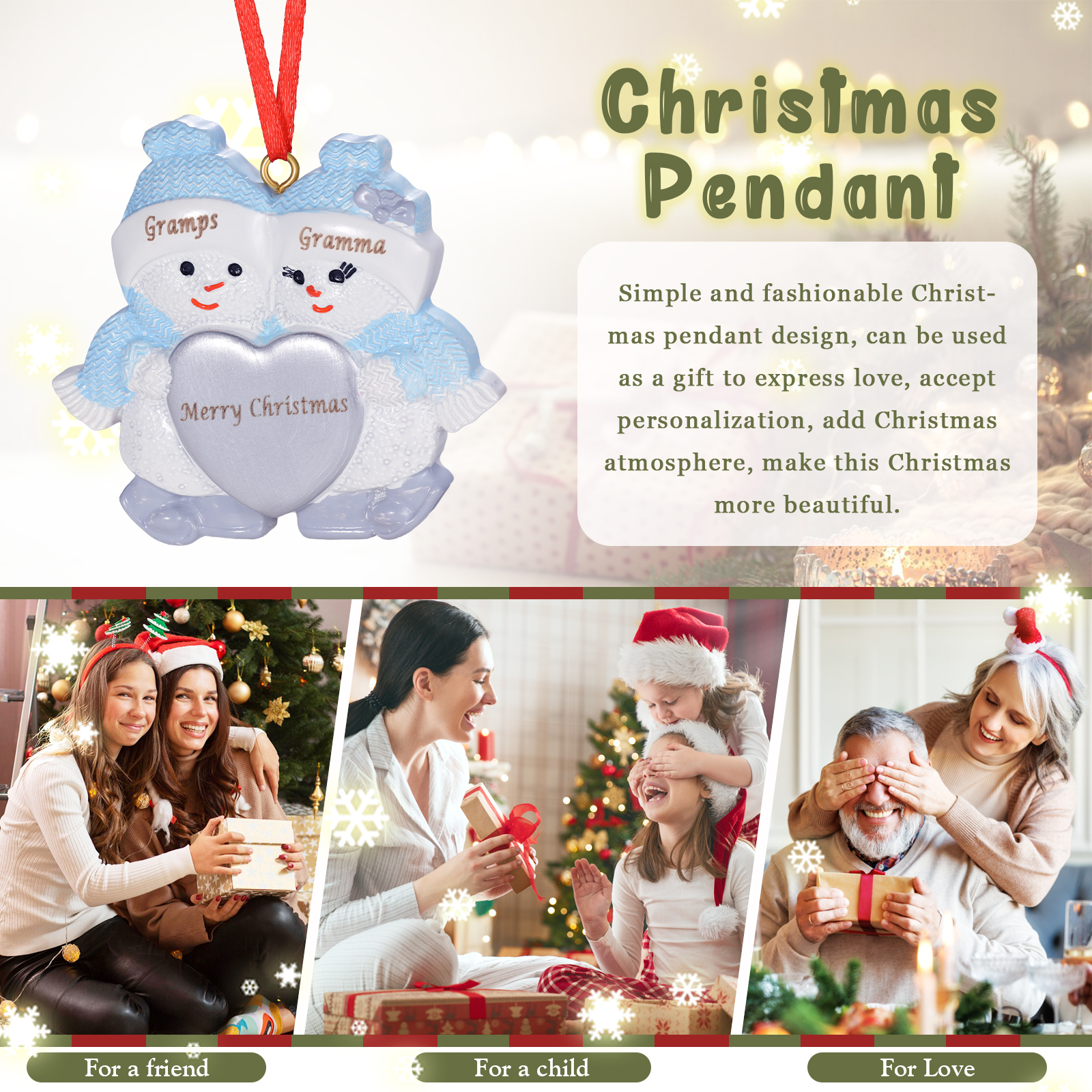 Decorazione Natalizia Personalizzato in Resina a Forma di Pupazzo di Neve - 2 Nomi e 1 Testo Personalizzati, Regalo di Natale per Famiglia | Jessemade