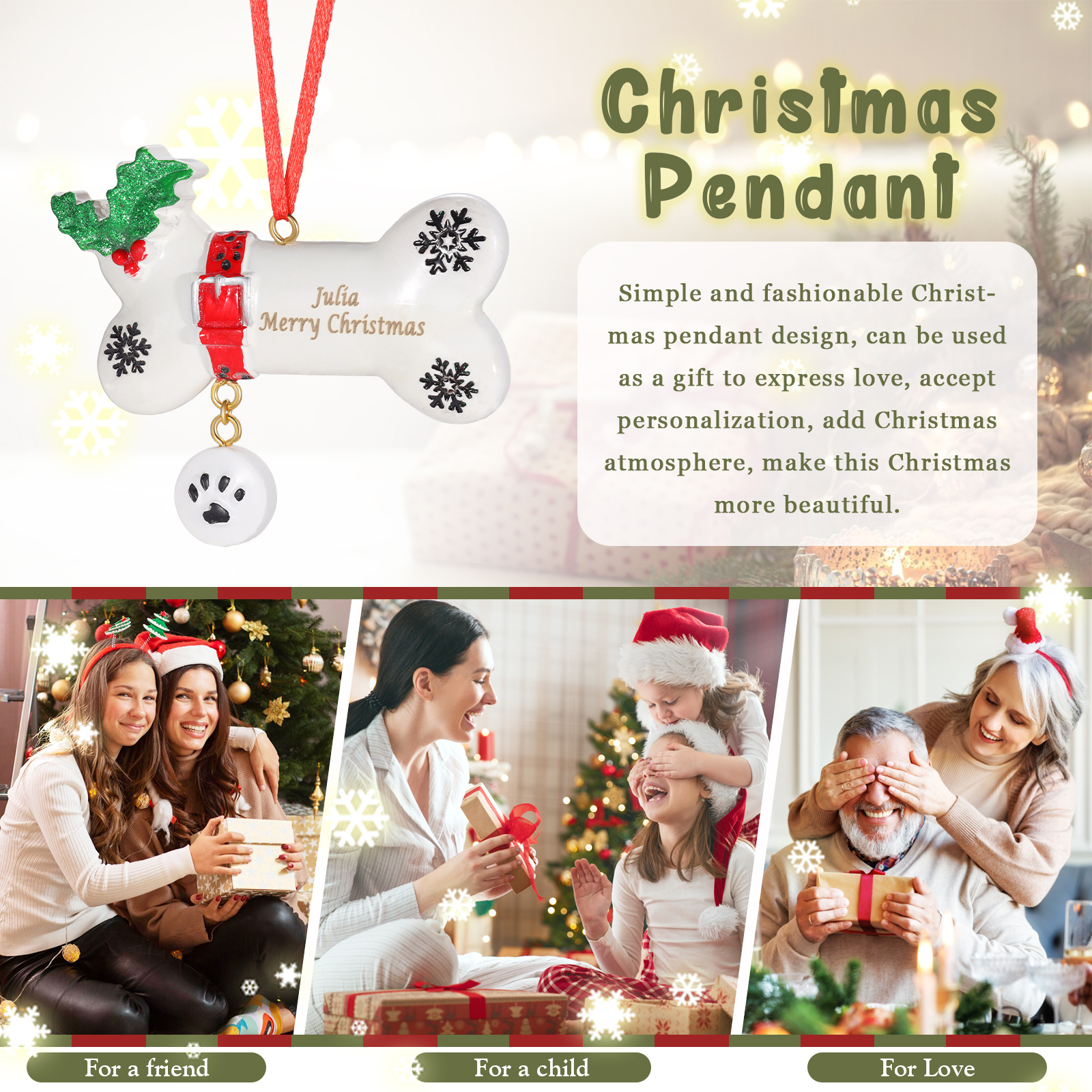 Decorazione Natalizia Personalizzato in Resina - Adorabile Forma di Osso con 1 Nome e Testo Personalizzati, Regalo per Famiglia | Jessemade