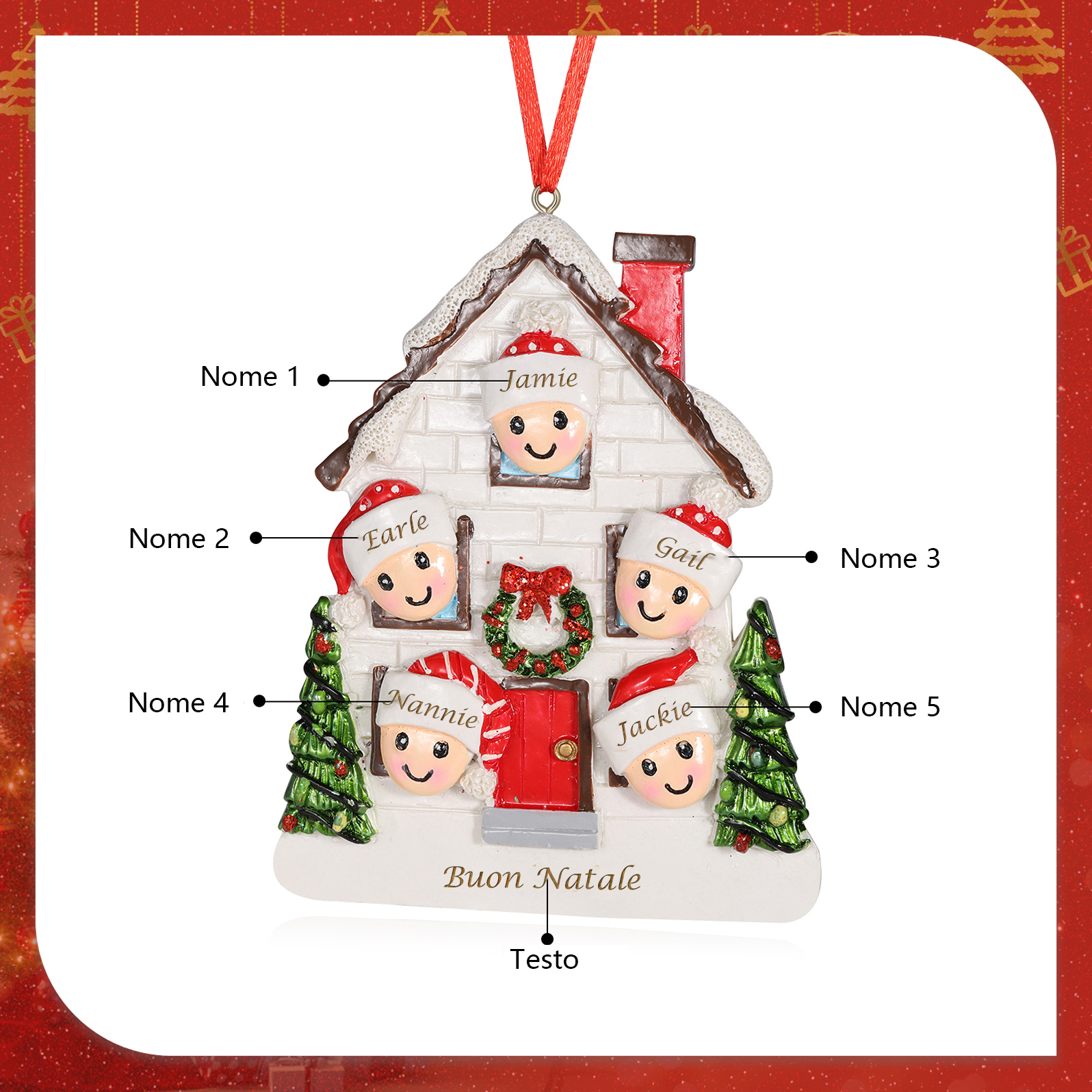 Decorazione Natalizia Personalizzata Casa con 5 Nomi e 1 Testo – Regalo Perfetto per la Famiglia | Jessemade