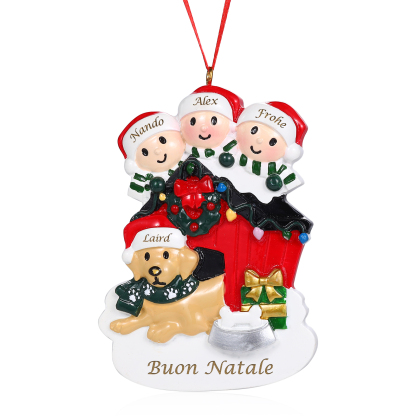 Decorazione Natalizia Personalizzata in Resina - Casetta di Natale Rossa con Pupazzi di Neve e Cagnolino - 4 Nomi Personalizzati e 1 Testo - Regalo di Natale per Famiglia | Jessemade